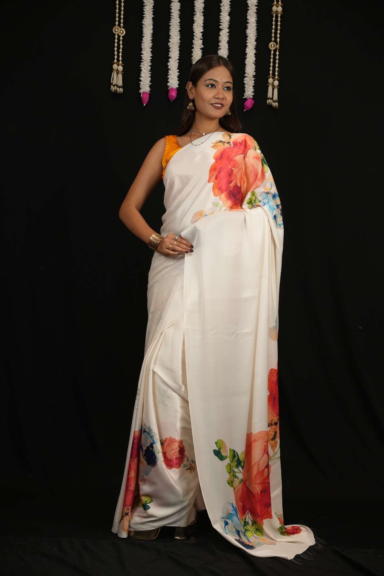 Colurfull Floral Printed Soft Satin With Moti Lace Ready To Wear Saree