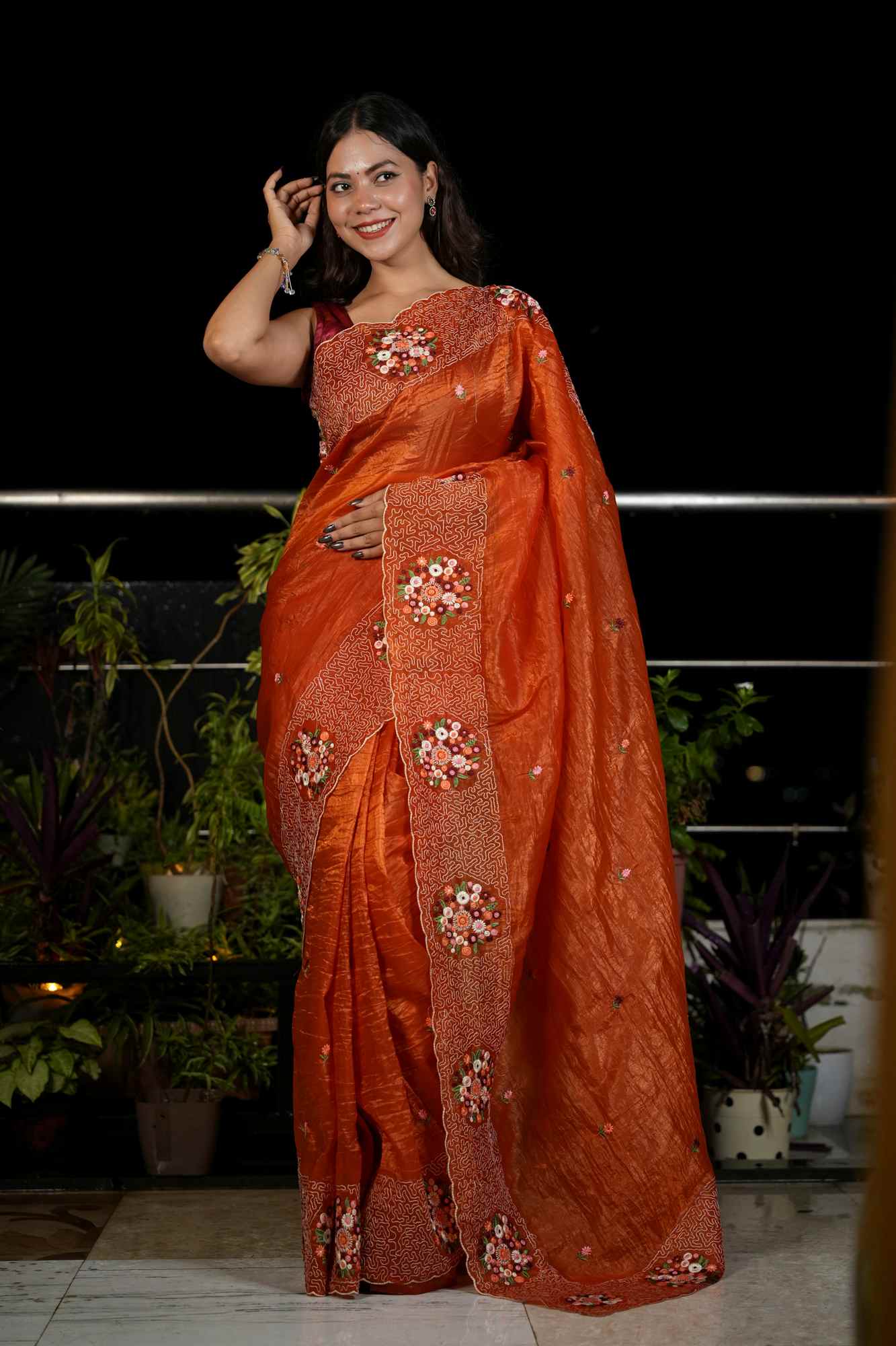 Soft Paper Crush Silk with Embroidered C-Pallu Ready To Wear Saree