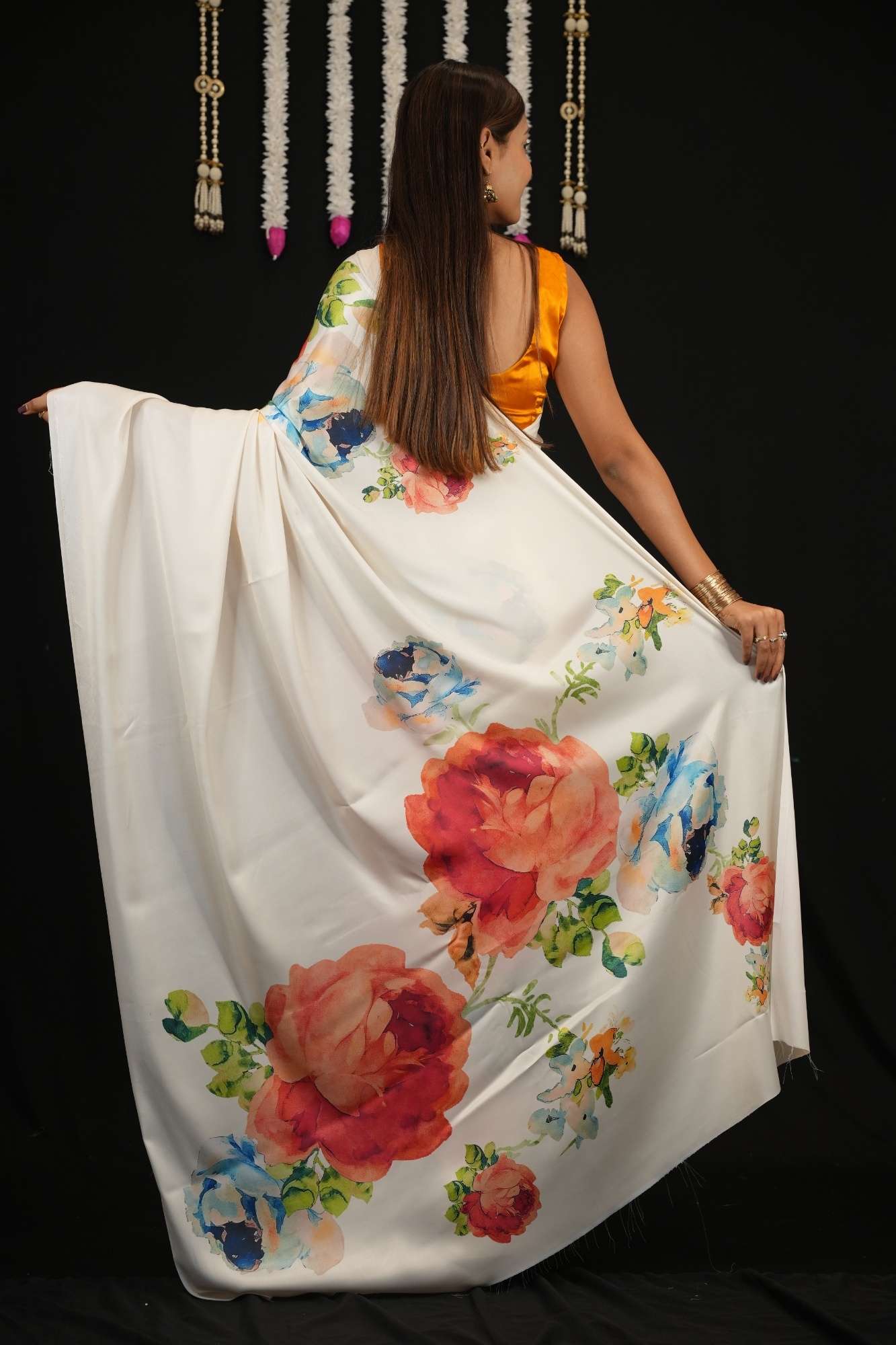 Colurfull Floral Printed Soft Satin With Moti Lace Ready To Wear Saree