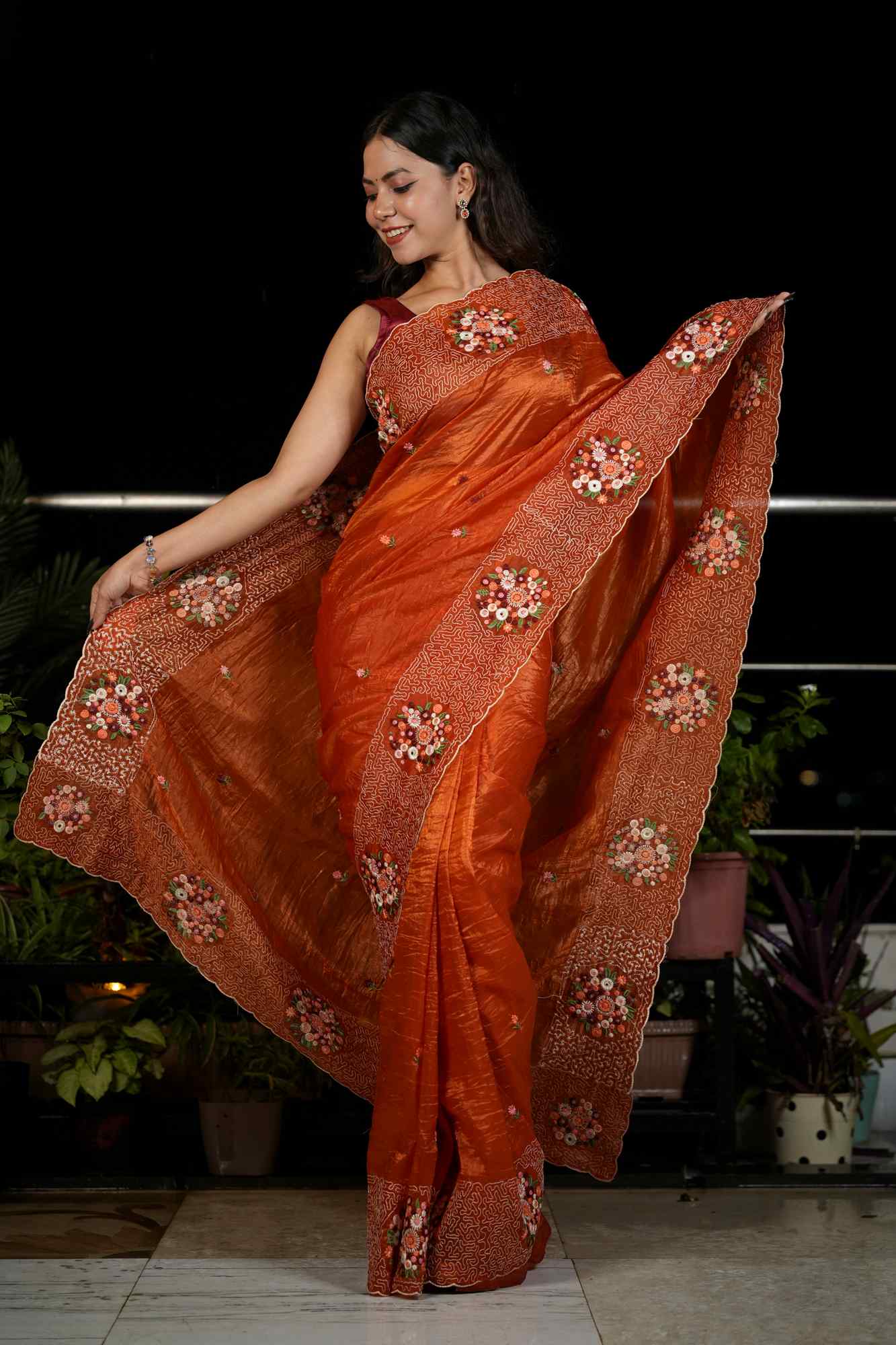 Soft Paper Crush Silk with Embroidered C-Pallu Ready To Wear Saree