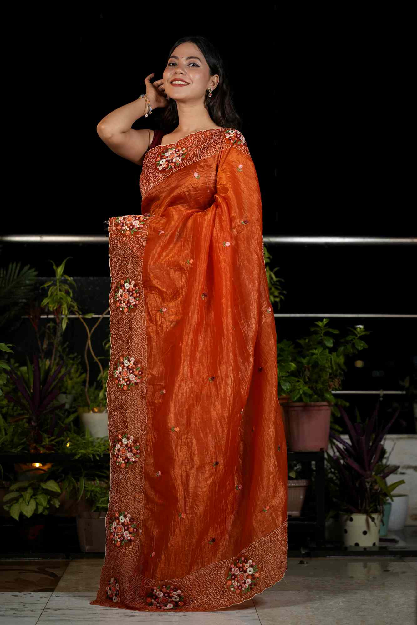 Soft Paper Crush Silk with Embroidered C-Pallu Ready To Wear Saree