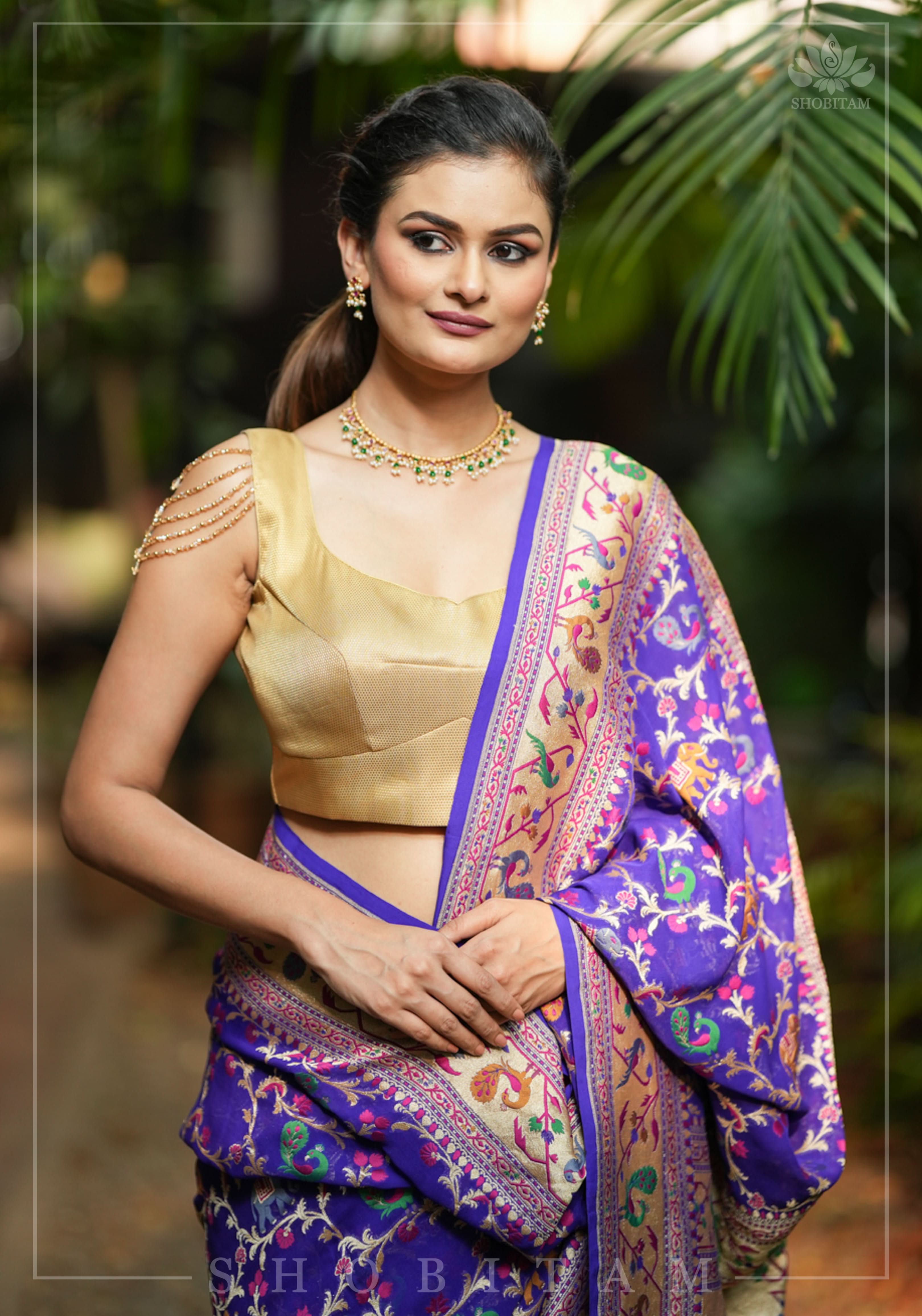 Golden Self Weave Geometric Design Blouse with Dangling multirow crystals over upper arm | Shobitam