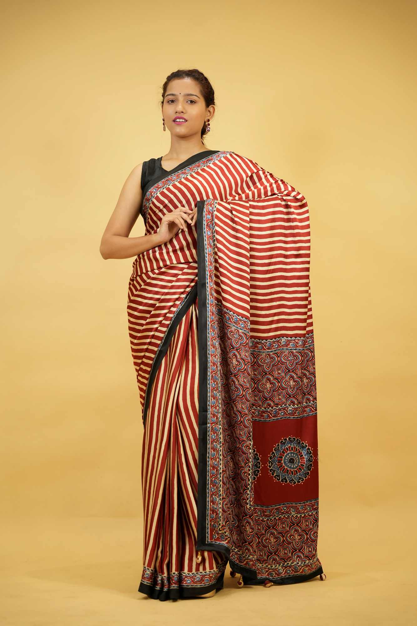 Ajrakh Printed Crepe Silk Ready To Wear Saree
