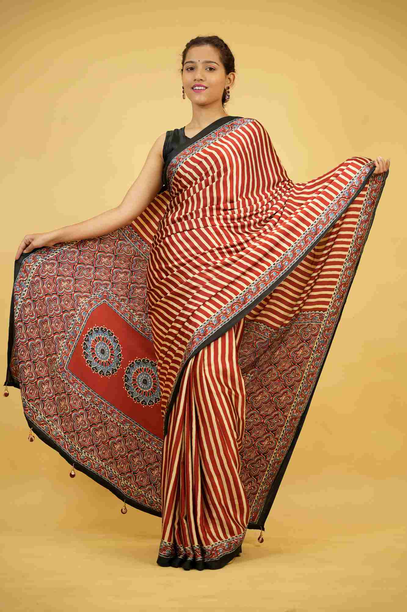 Ajrakh Printed Crepe Silk Ready To Wear Saree