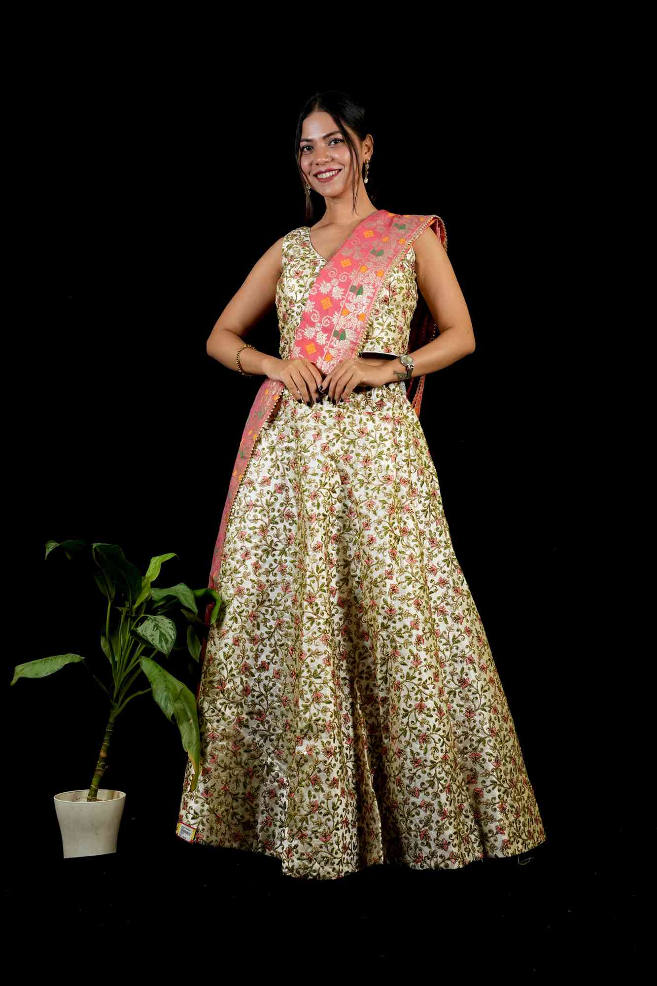 Blossom Zari Embroidered Lehenga with Contrasting Pink Banarasi Dupatta