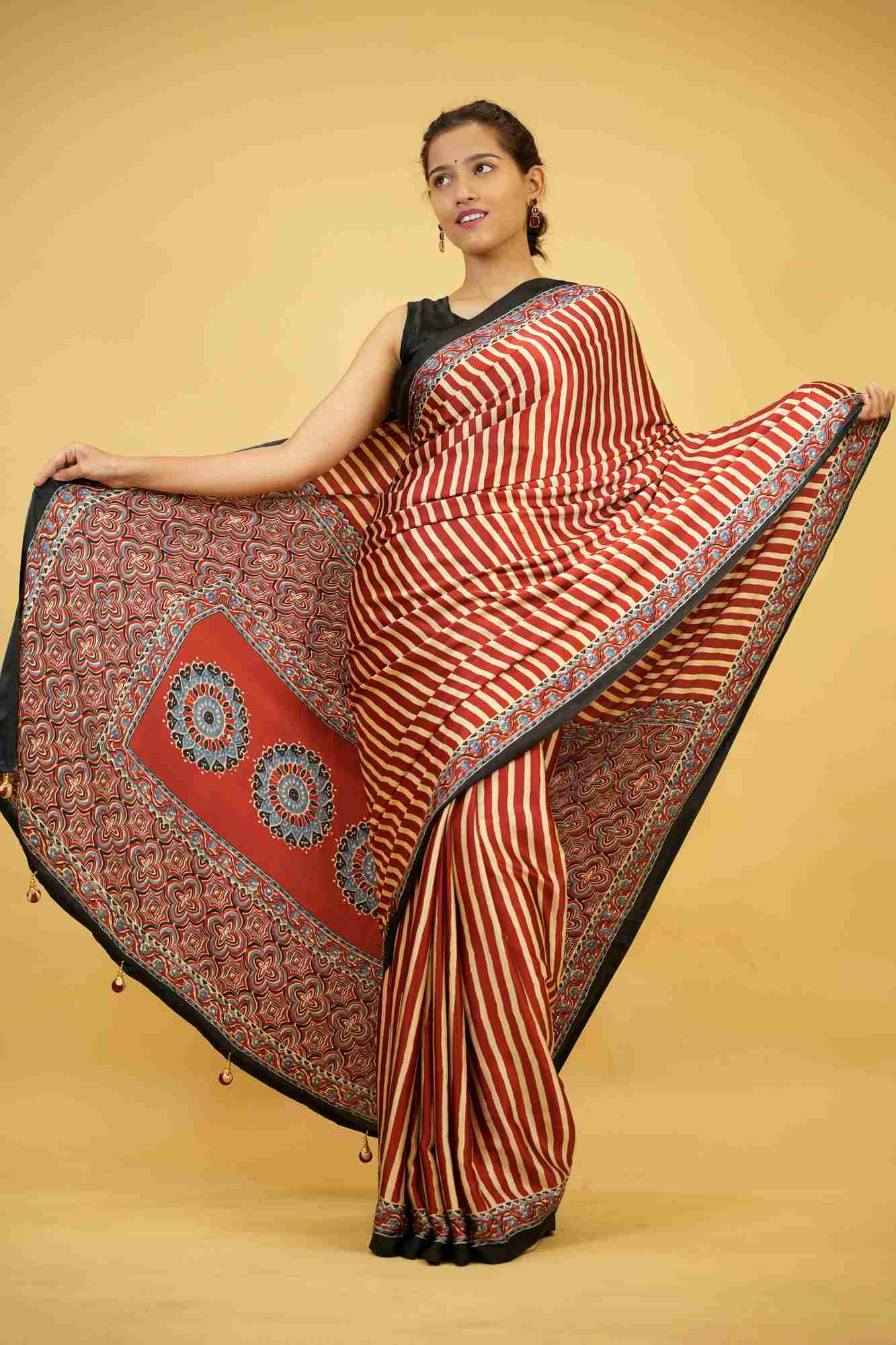 Ajrakh Printed Crepe Silk Ready To Wear Saree