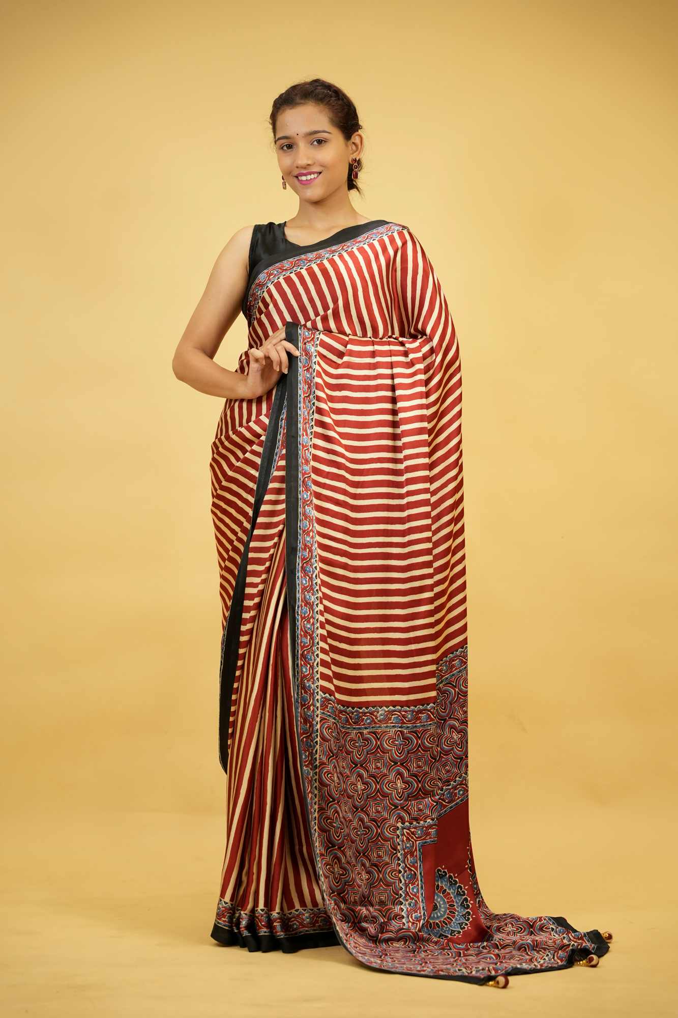 Ajrakh Printed Crepe Silk Ready To Wear Saree