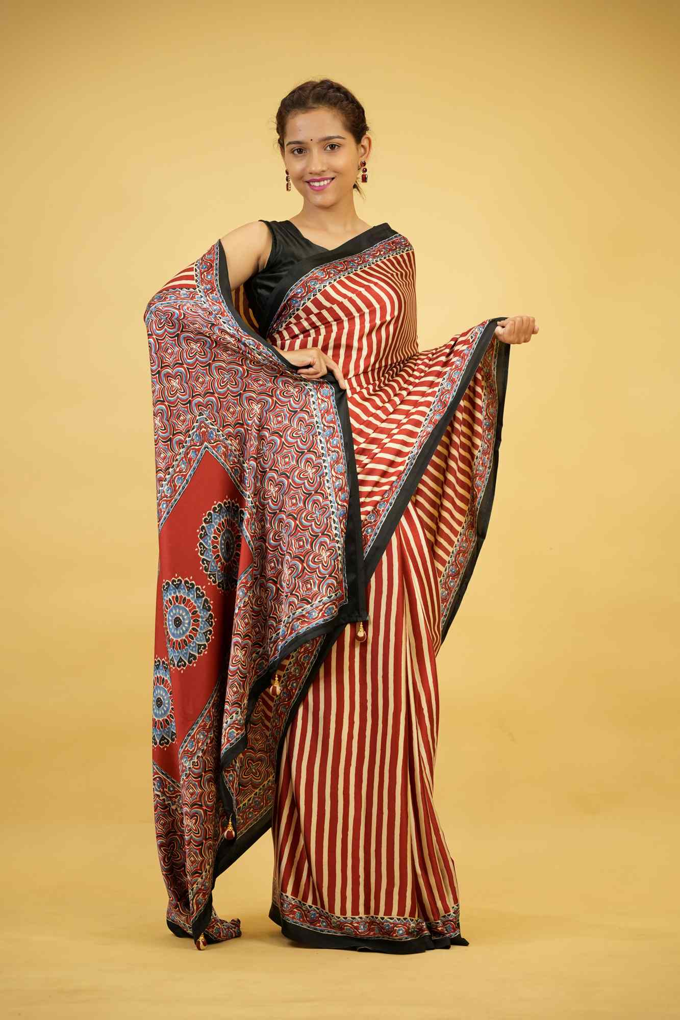 Ajrakh Printed Crepe Silk Ready To Wear Saree