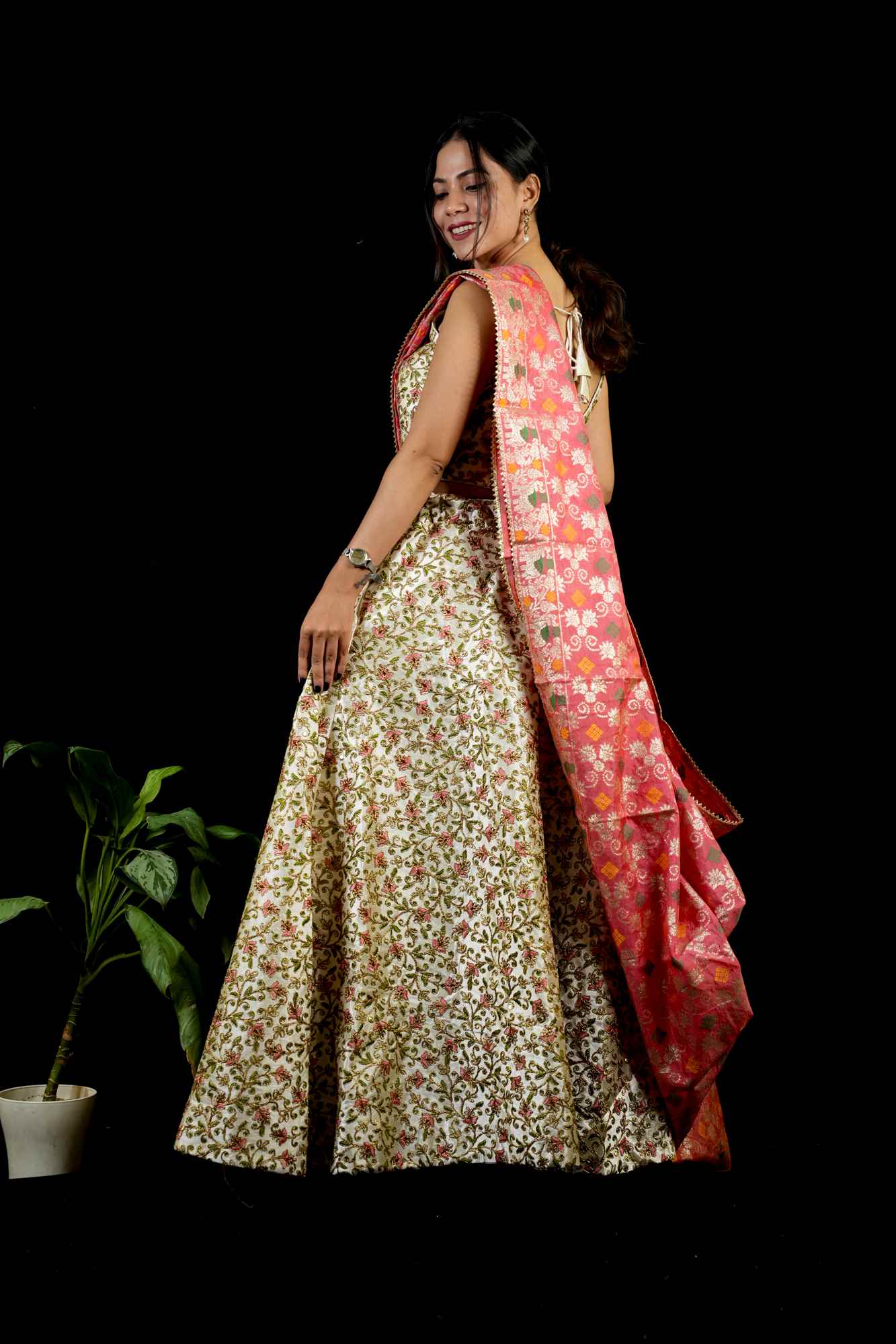 Blossom Zari Embroidered Lehenga with Contrasting Pink Banarasi Dupatta