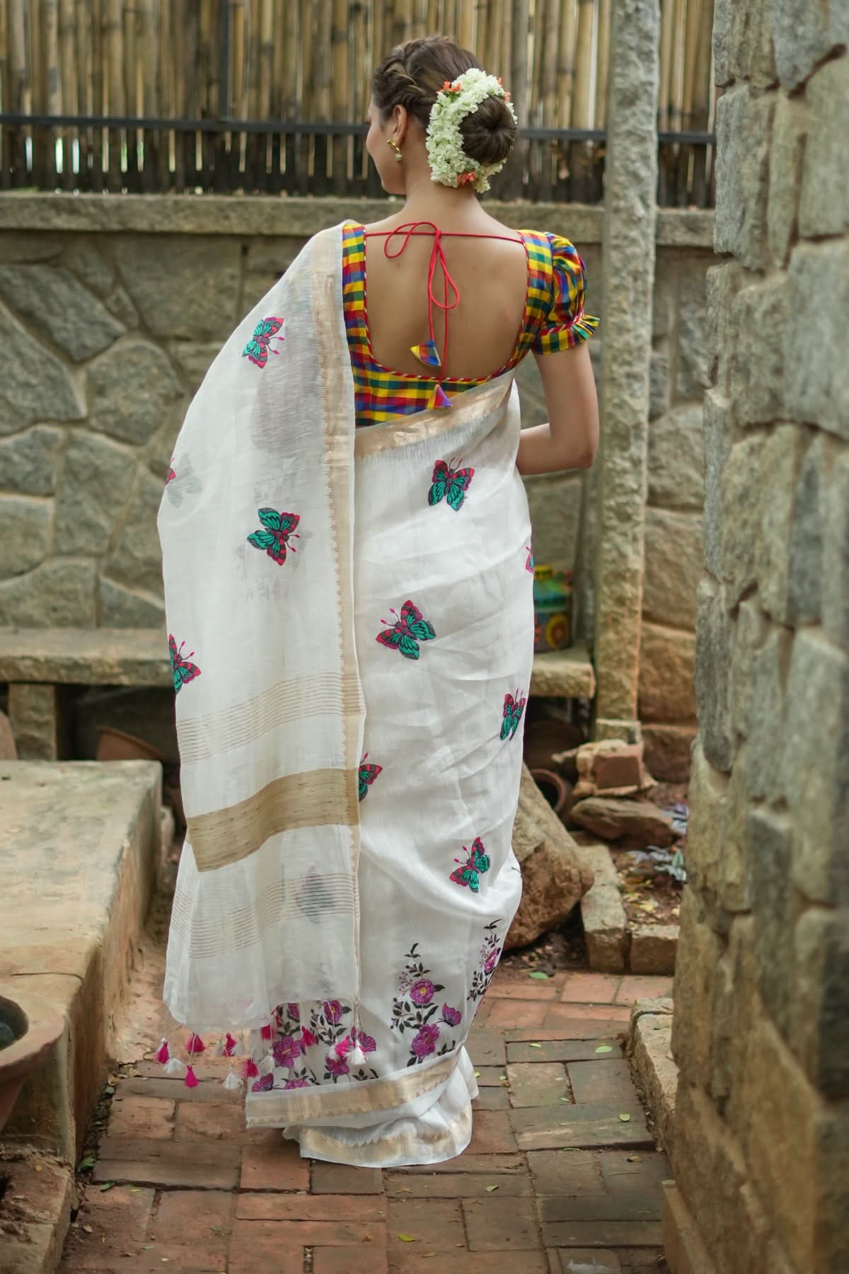 Blooms of Joy - Floral Embroidered Silk Linen Saree in Off White | Shobitam