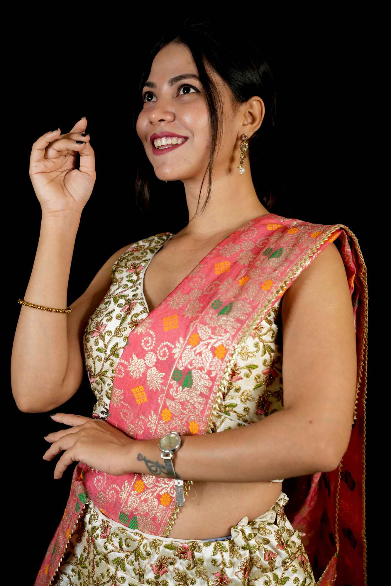 Blossom Zari Embroidered Lehenga with Contrasting Pink Banarasi Dupatta