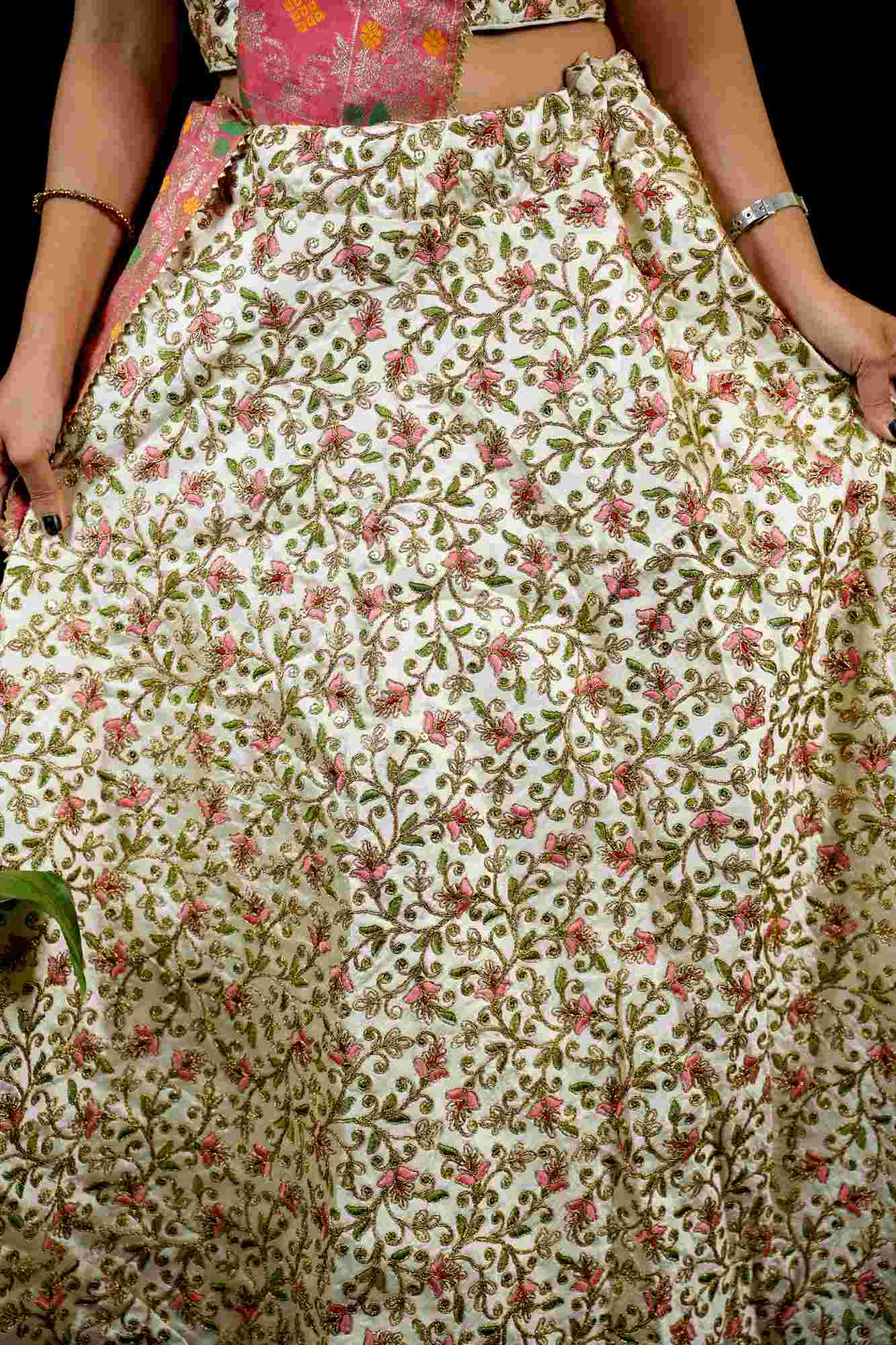 Blossom Zari Embroidered Lehenga with Contrasting Pink Banarasi Dupatta