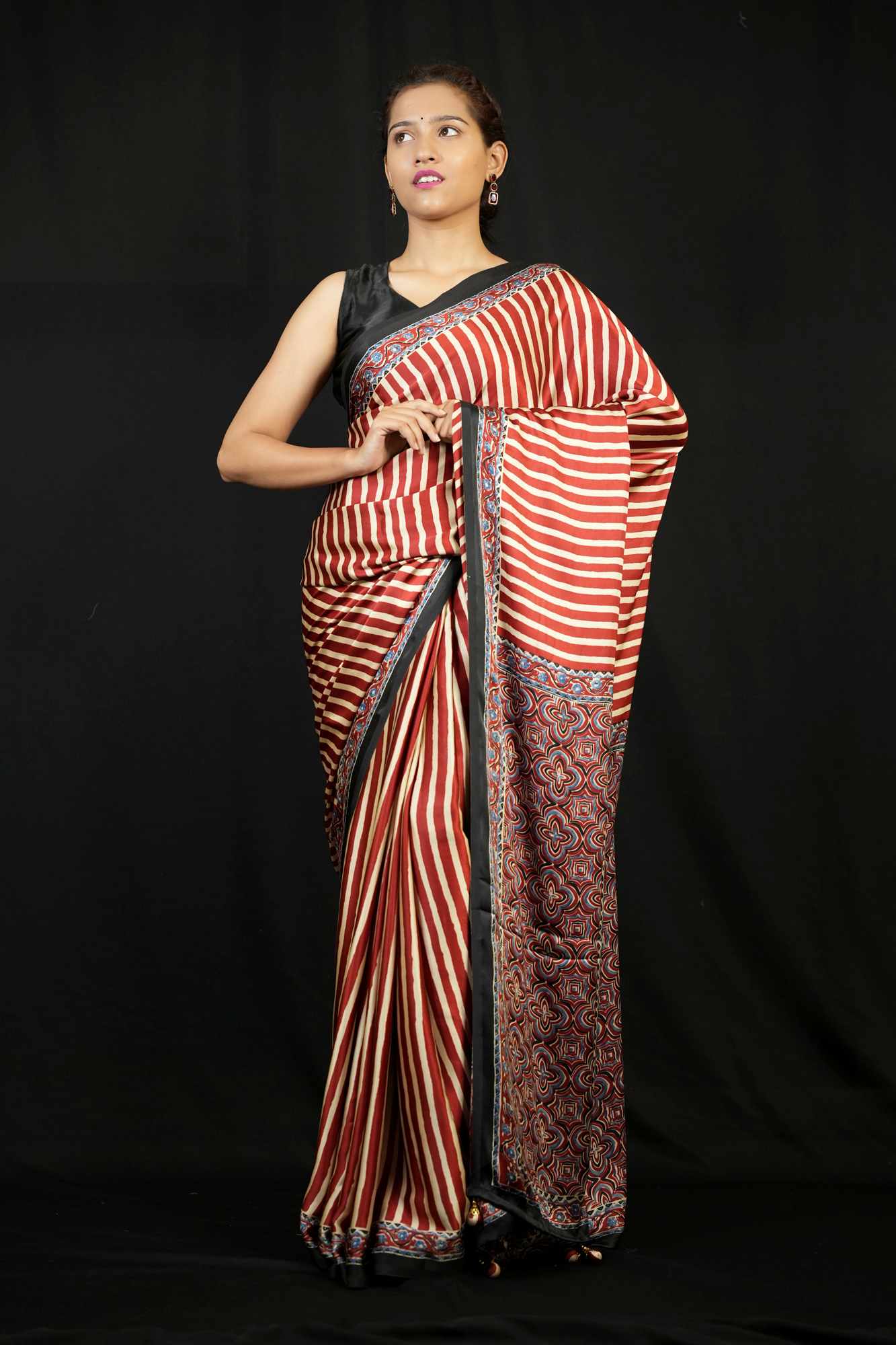 Ajrakh Printed Crepe Silk Ready To Wear Saree