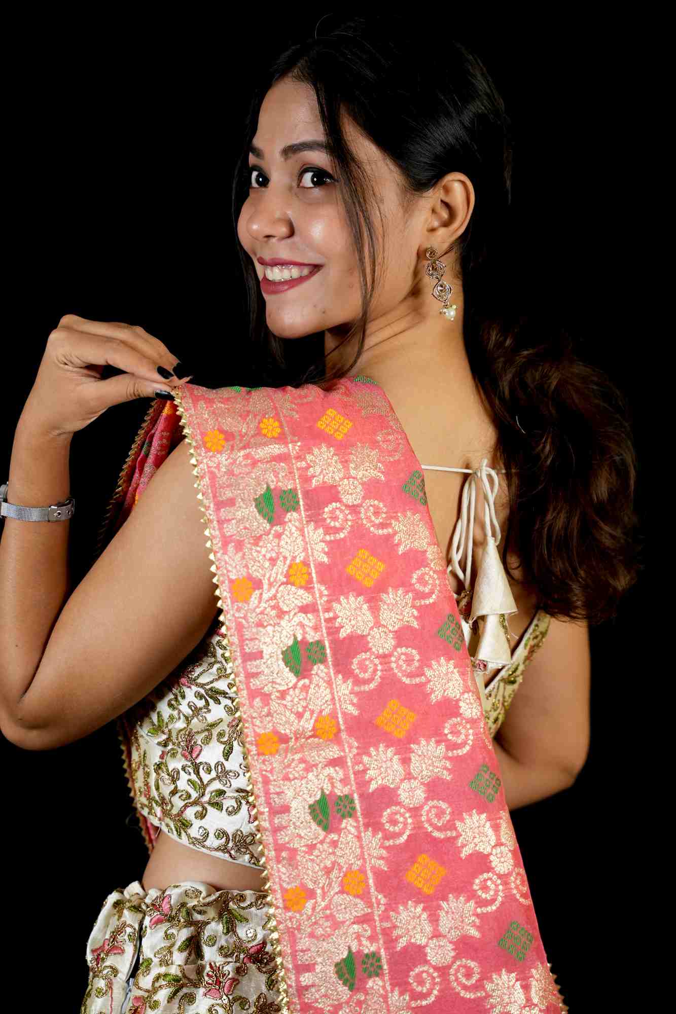 Blossom Zari Embroidered Lehenga with Contrasting Pink Banarasi Dupatta