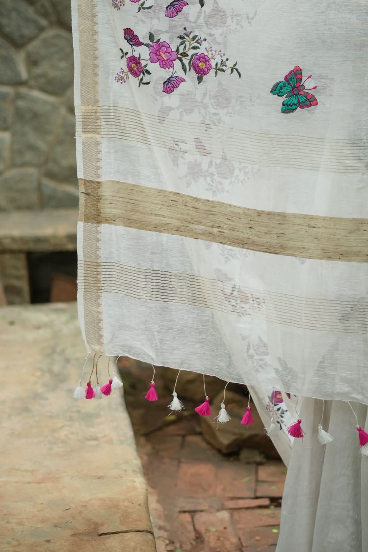 Blooms of Joy - Floral Embroidered Silk Linen Saree in Off White | Shobitam