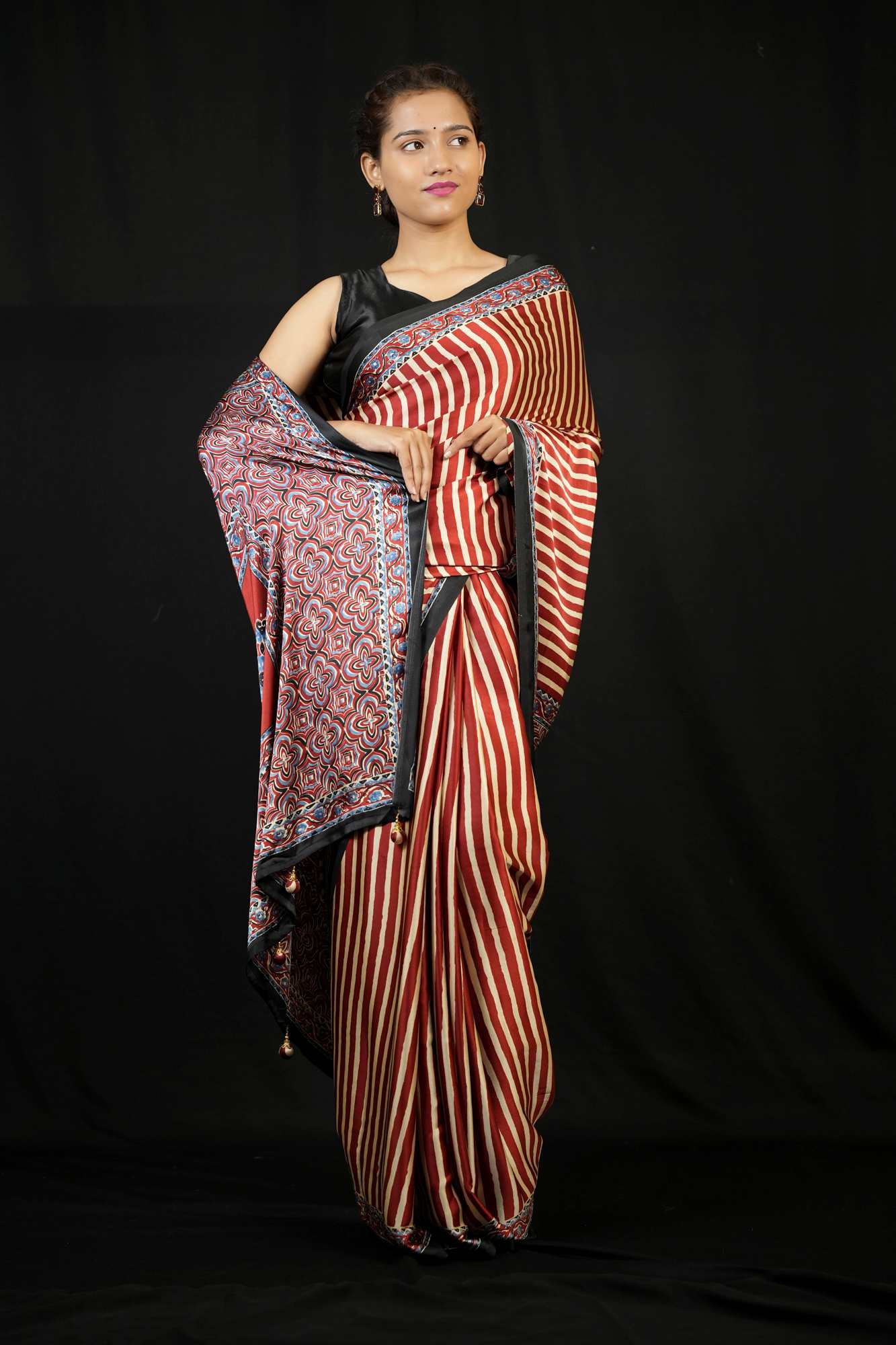 Ajrakh Printed Crepe Silk Ready To Wear Saree