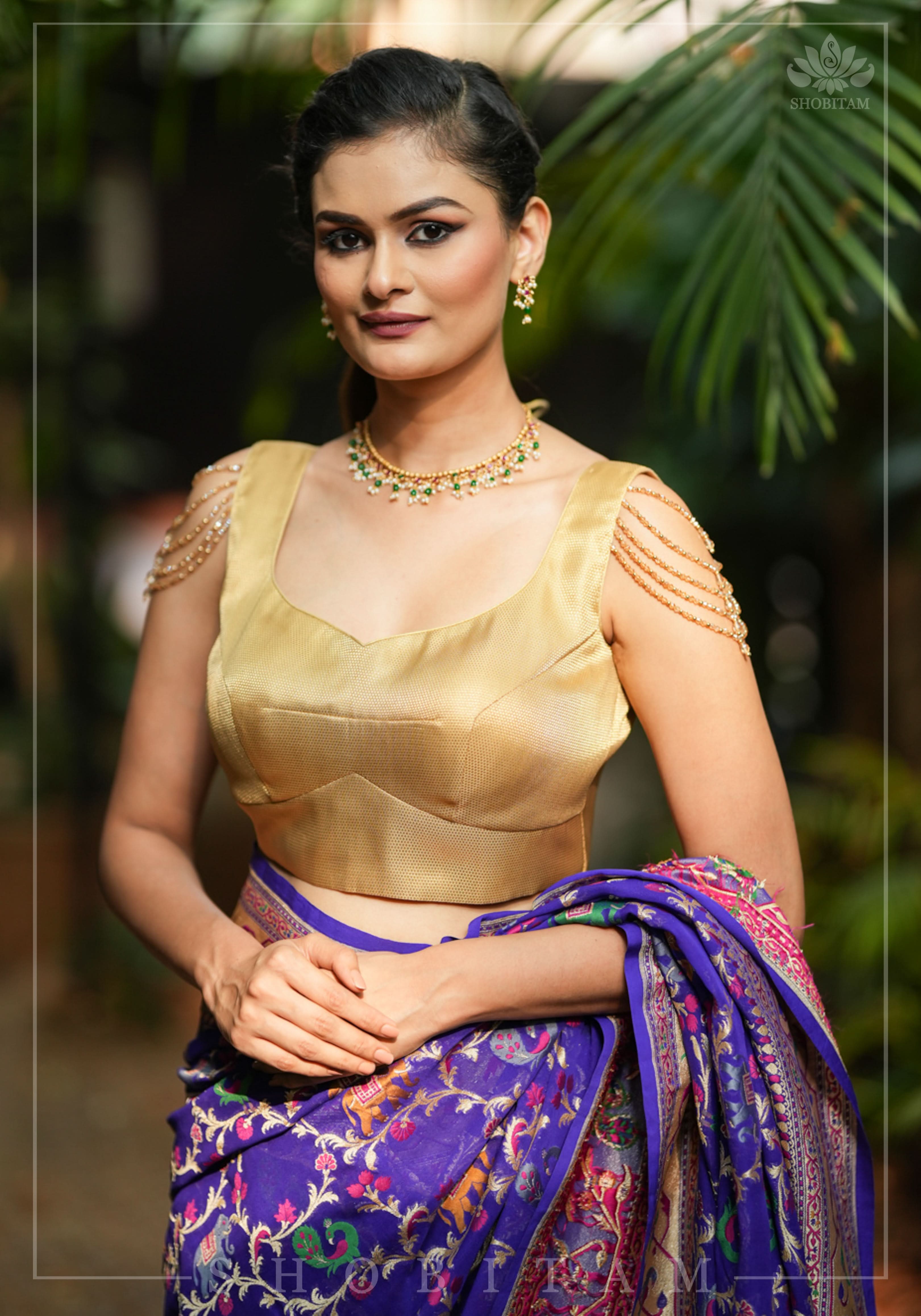 Golden Self Weave Geometric Design Blouse with Dangling multirow crystals over upper arm | Shobitam
