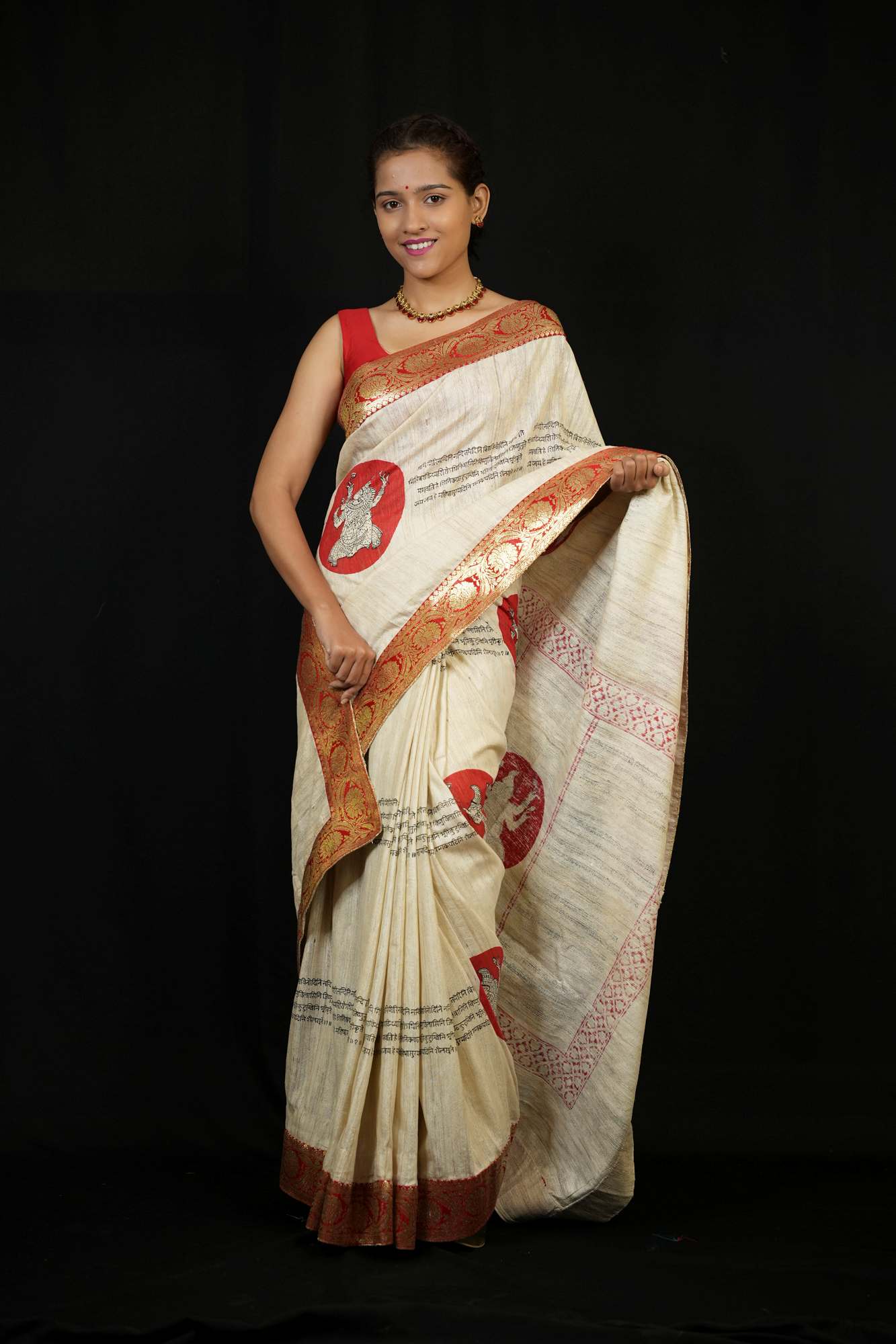 Silk Mark Certified - Sanskrit Shloka & Mythical Motif Ghicha Silk Ready To Wear Saree