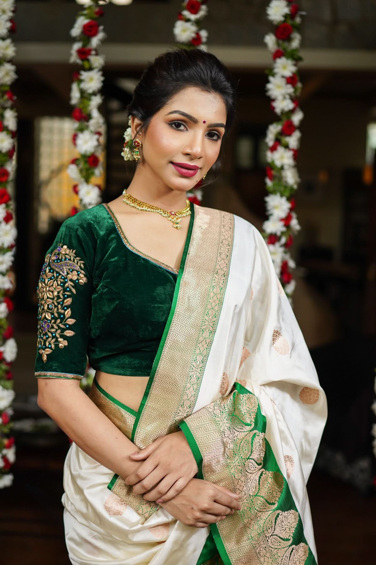 Green Velvet Blouse with Zardosi Work Mix and Match Blouse for saree, Made to Order | Shobitam