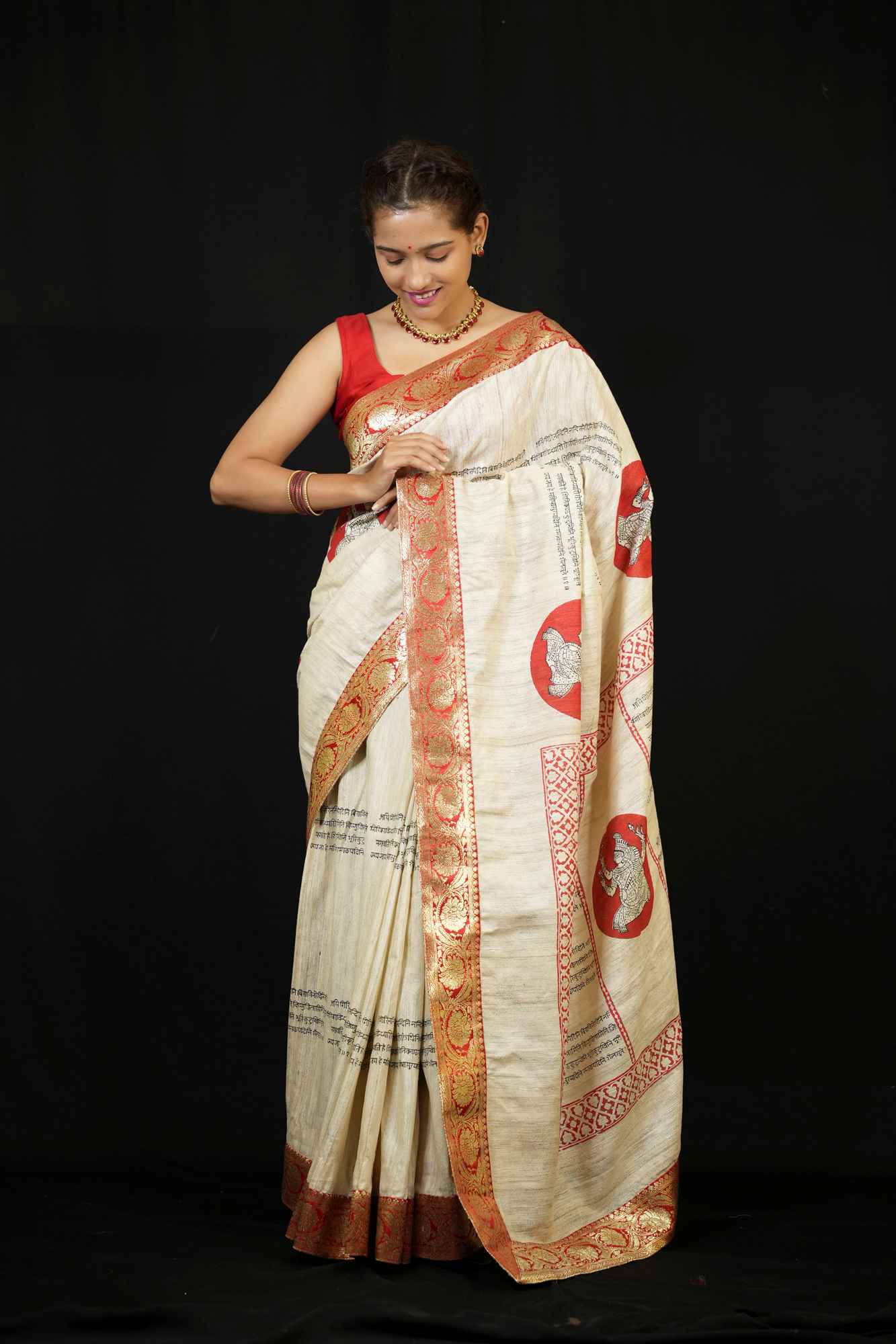 Silk Mark Certified - Sanskrit Shloka & Mythical Motif Ghicha Silk Ready To Wear Saree