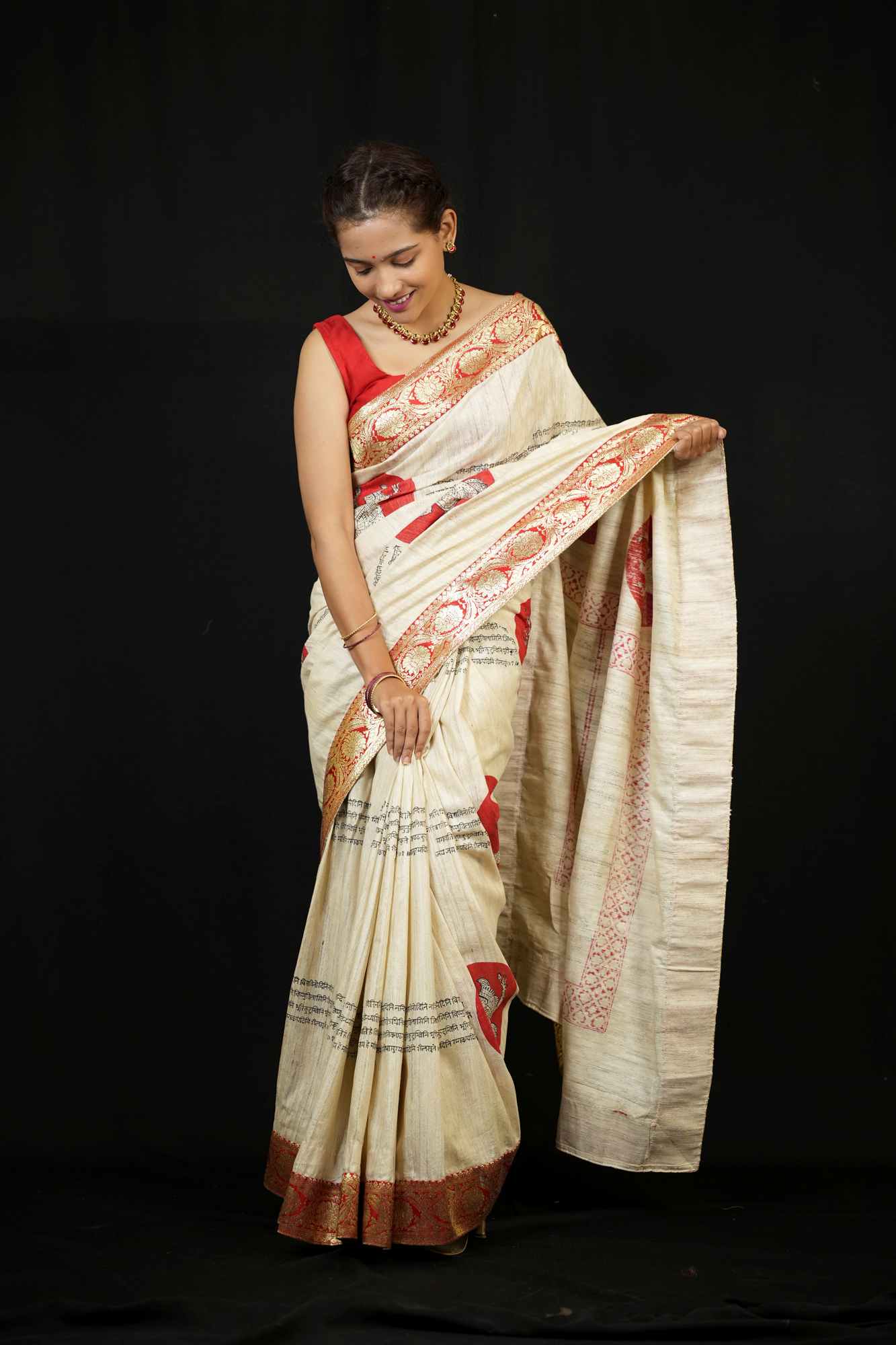 Silk Mark Certified - Sanskrit Shloka & Mythical Motif Ghicha Silk Ready To Wear Saree