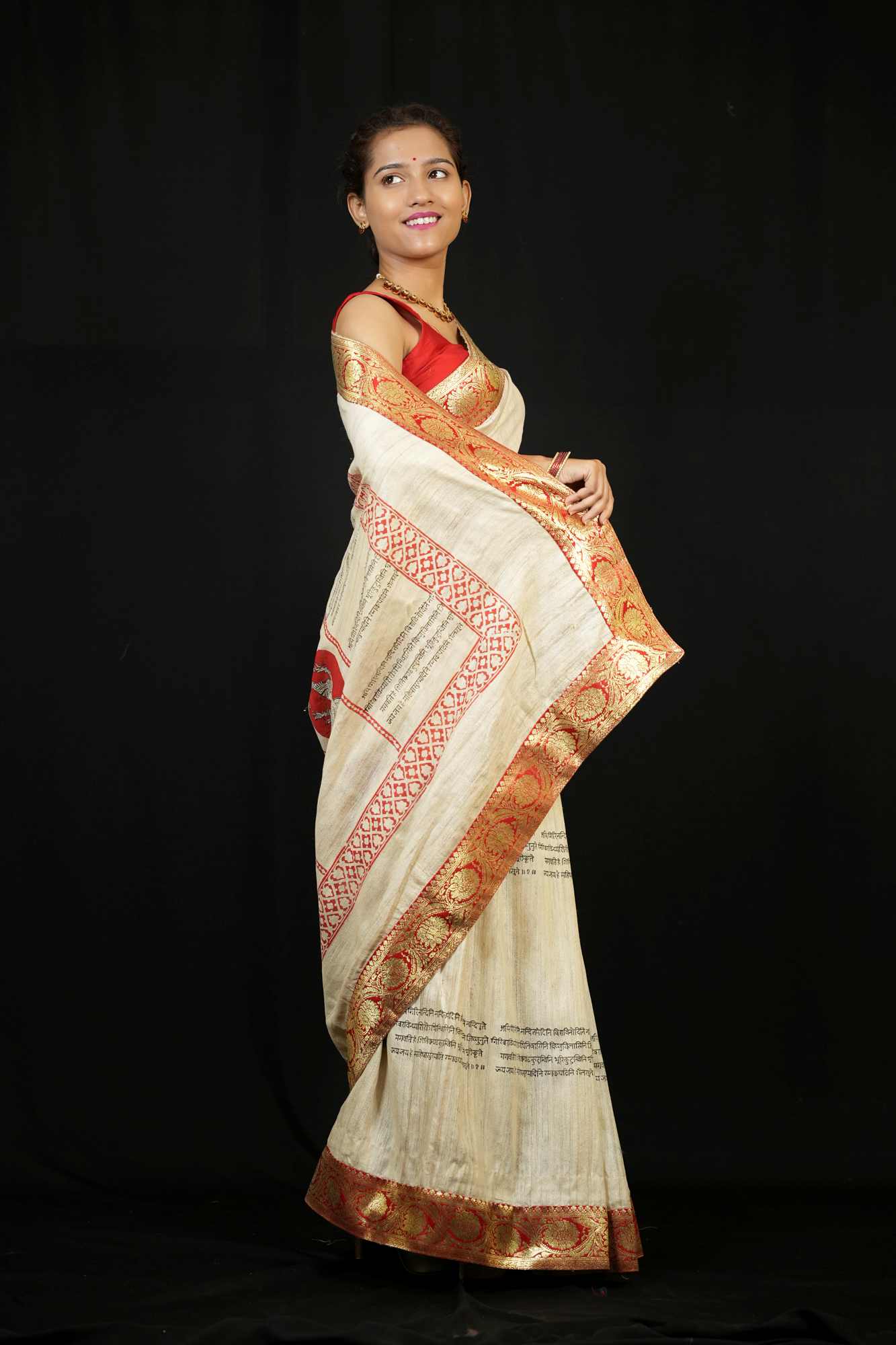 Silk Mark Certified - Sanskrit Shloka & Mythical Motif Ghicha Silk Ready To Wear Saree