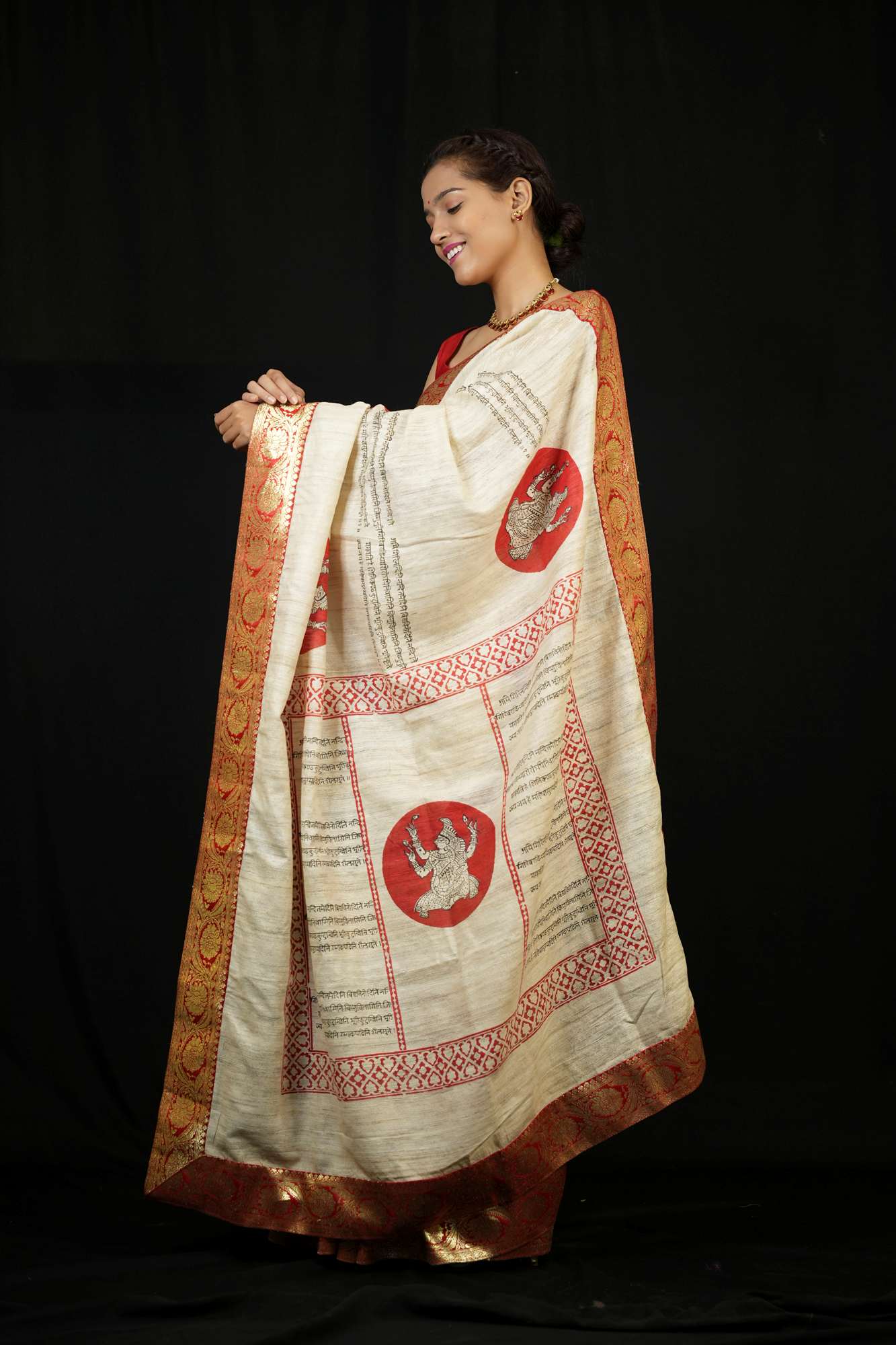 Silk Mark Certified - Sanskrit Shloka & Mythical Motif Ghicha Silk Ready To Wear Saree