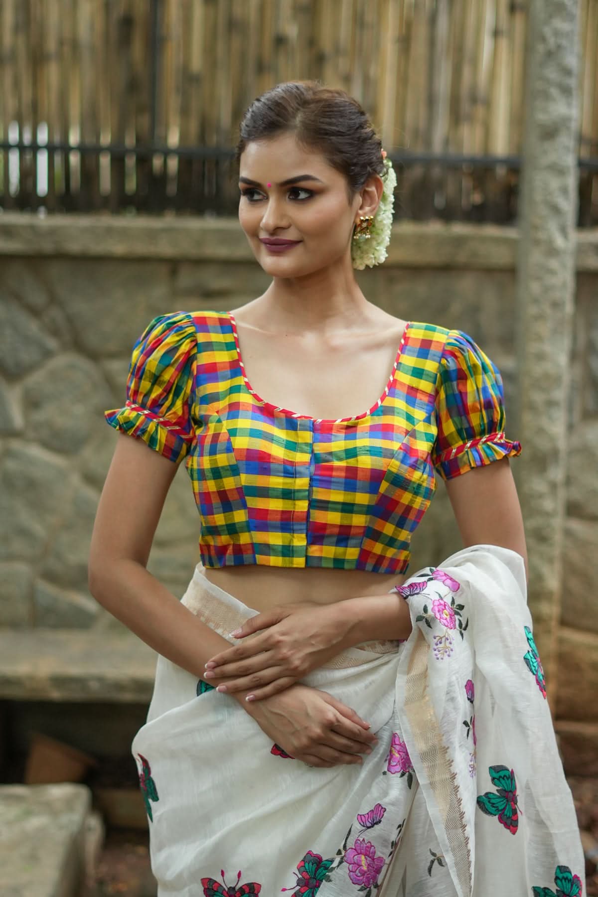 Multicolor small checked pure rawsilk u neck blouse with puff sleeves | Shobitam