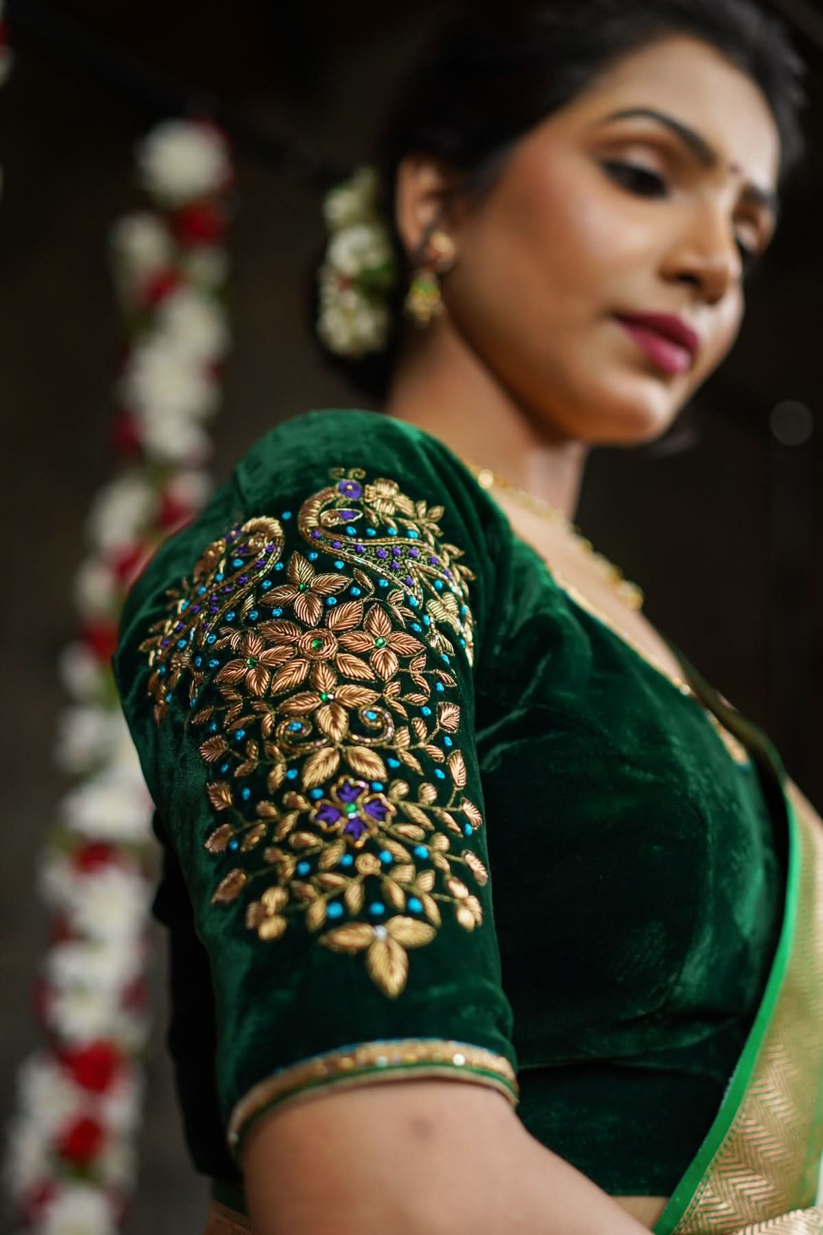Green Velvet Blouse with Zardosi Work Mix and Match Blouse for saree, Made to Order | Shobitam
