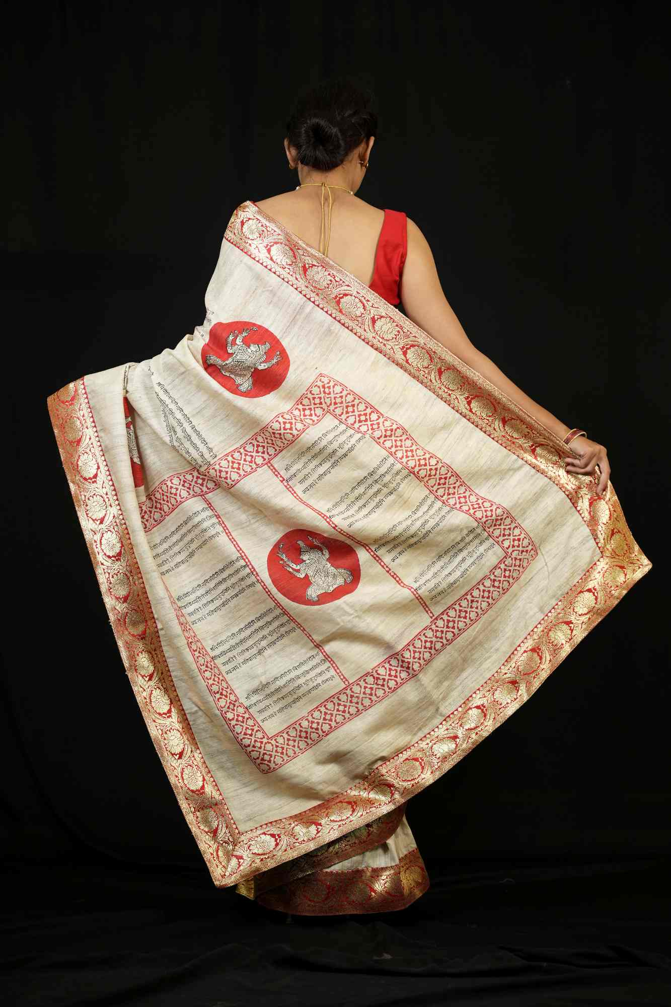 Silk Mark Certified - Sanskrit Shloka & Mythical Motif Ghicha Silk Ready To Wear Saree