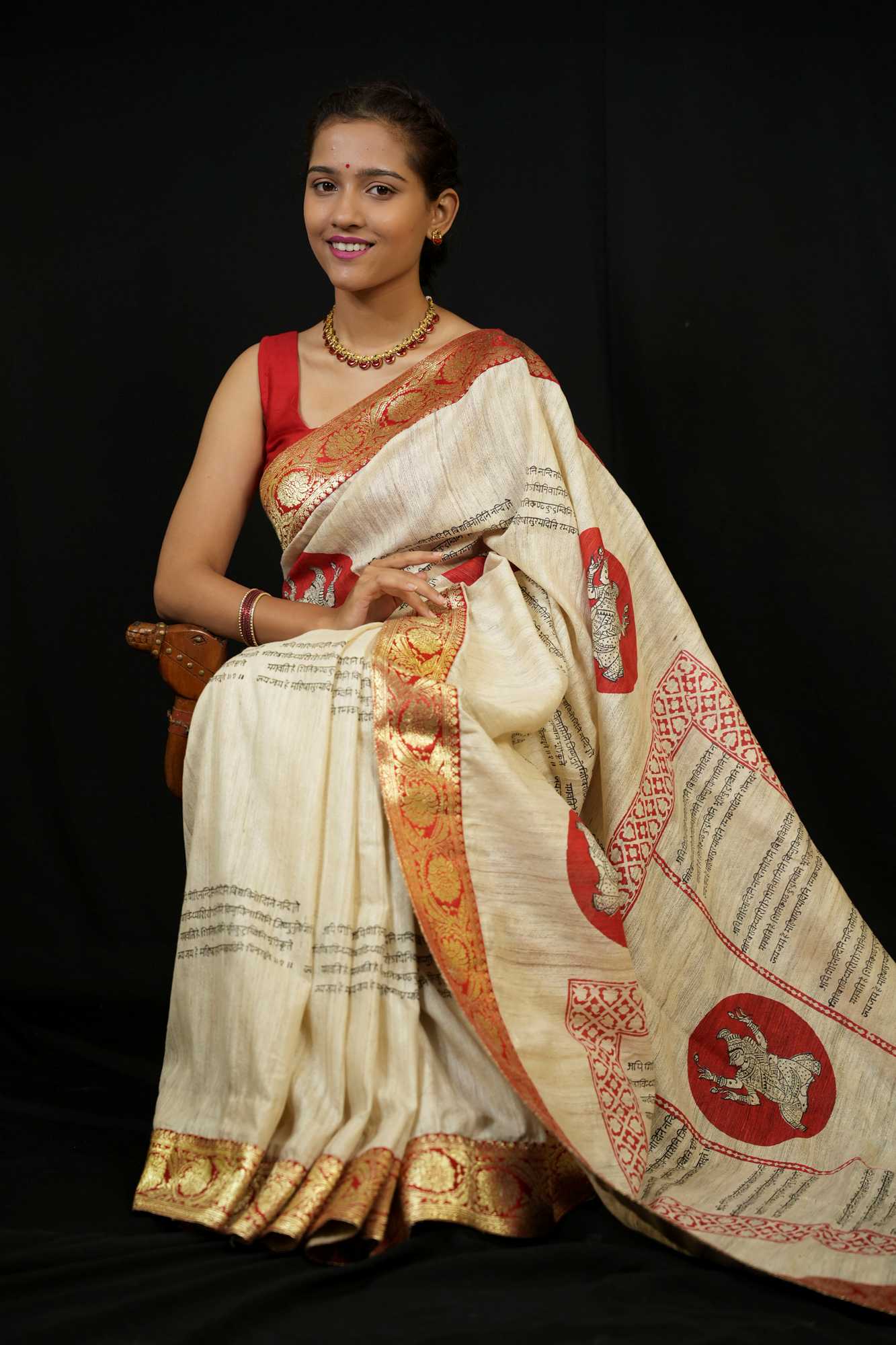 Silk Mark Certified - Sanskrit Shloka & Mythical Motif Ghicha Silk Ready To Wear Saree