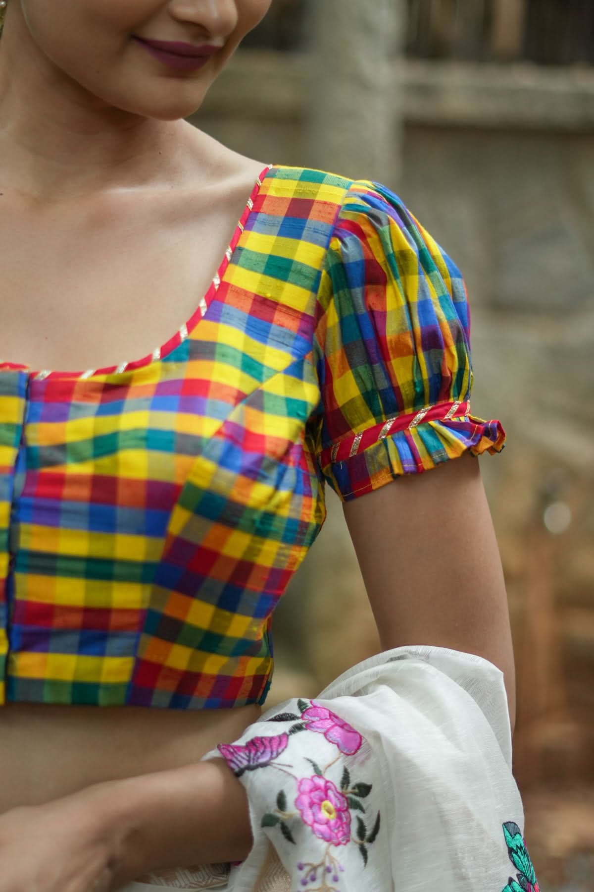Multicolor small checked pure rawsilk u neck blouse with puff sleeves | Shobitam