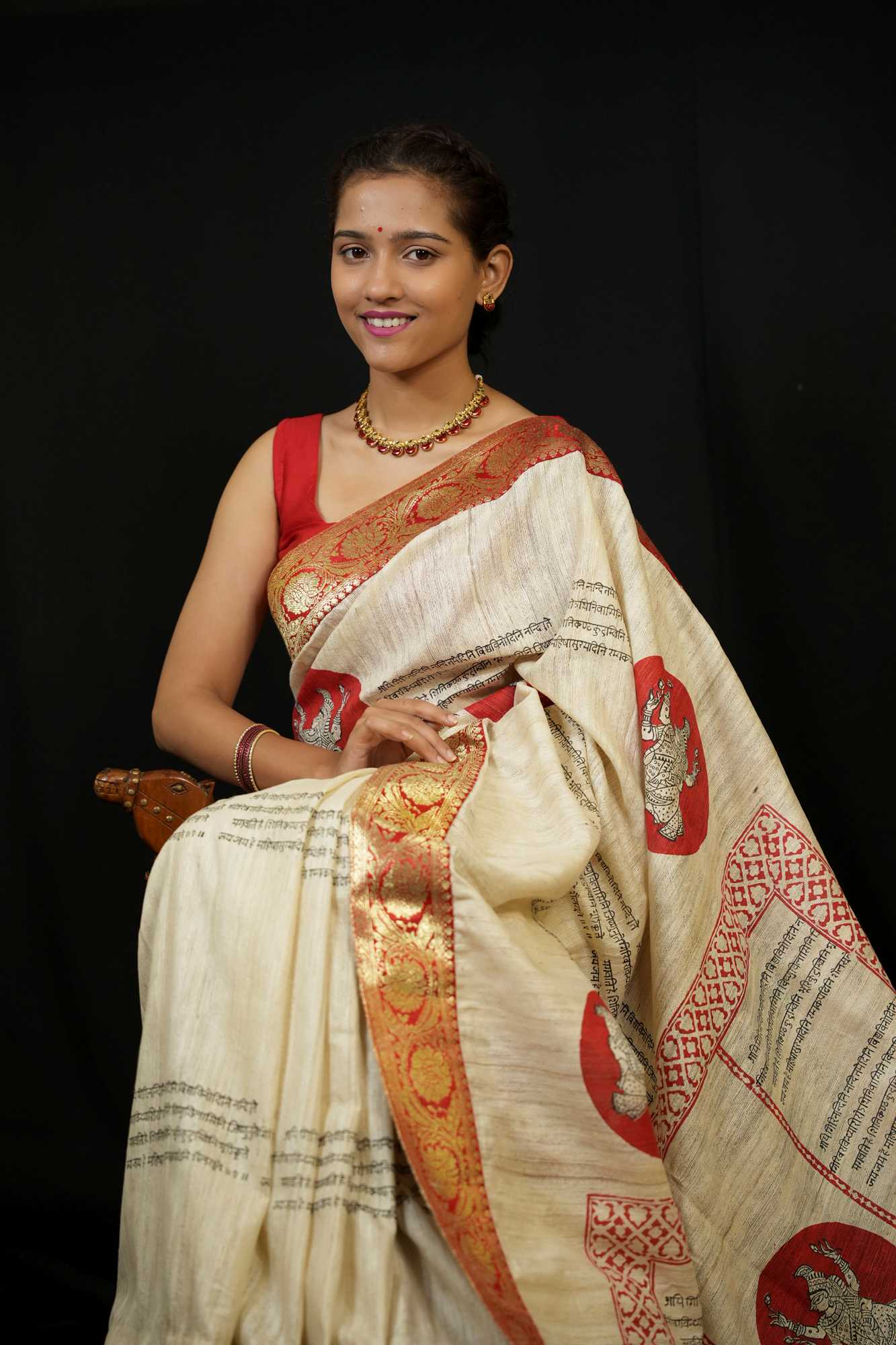 Silk Mark Certified - Sanskrit Shloka & Mythical Motif Ghicha Silk Ready To Wear Saree