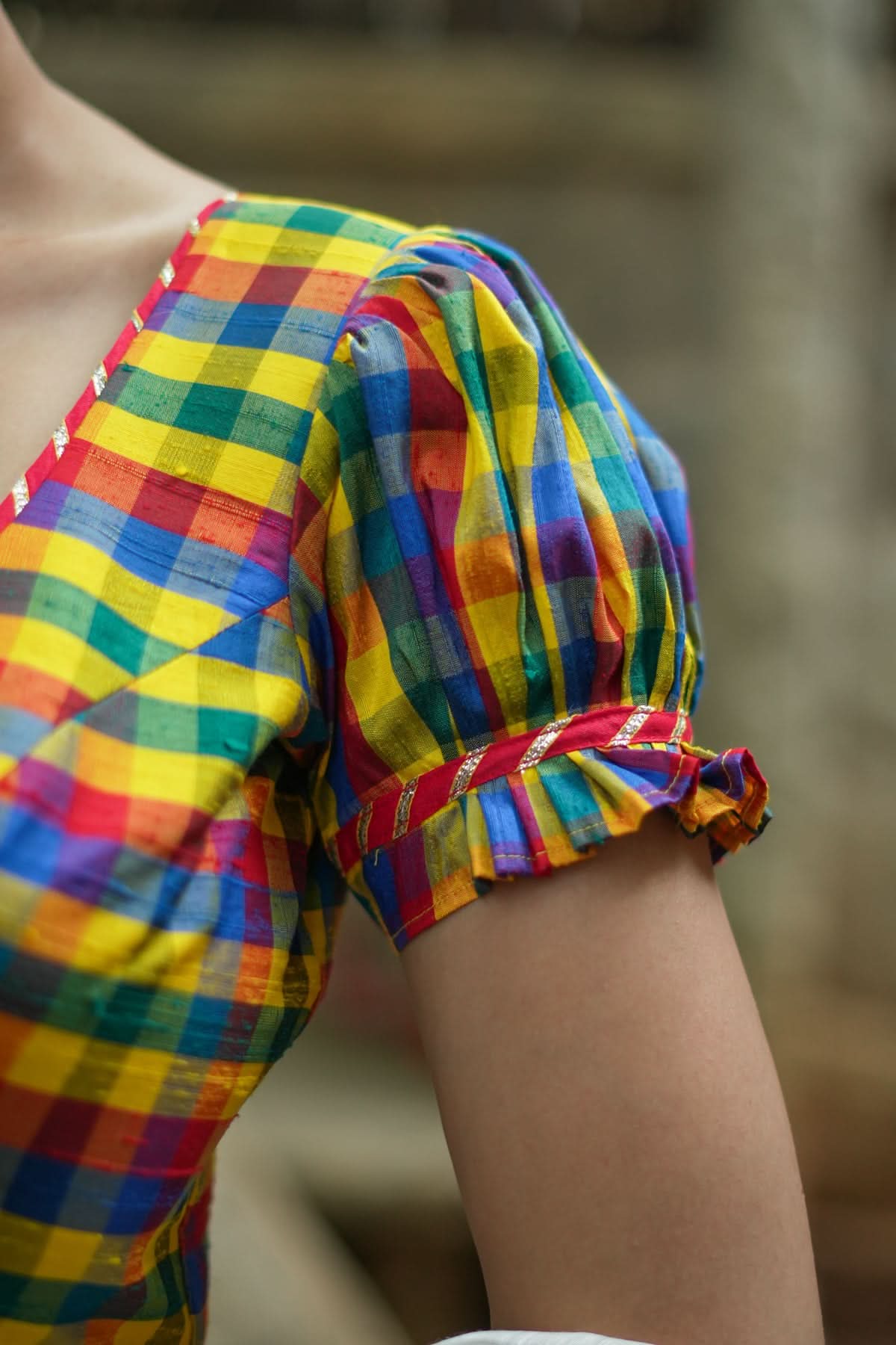 Multicolor small checked pure rawsilk u neck blouse with puff sleeves | Shobitam