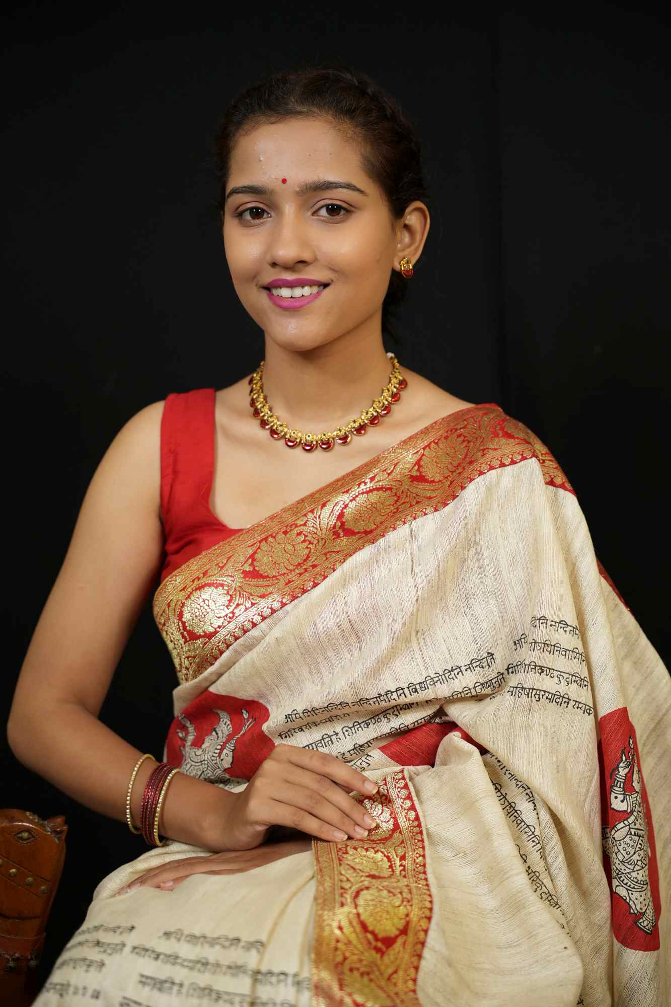 Silk Mark Certified - Sanskrit Shloka & Mythical Motif Ghicha Silk Ready To Wear Saree