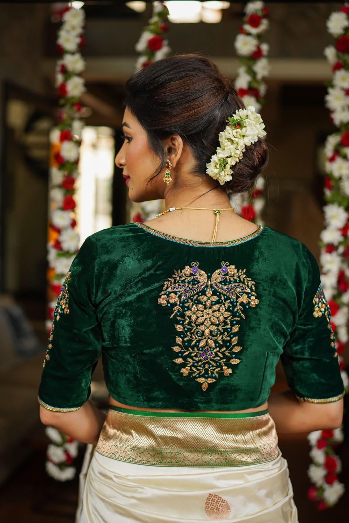 Green Velvet Blouse with Zardosi Work Mix and Match Blouse for saree, Made to Order | Shobitam