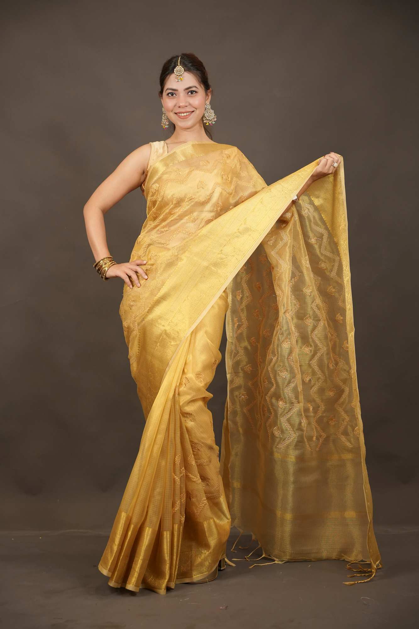 Woven Tissue Elegant Zari Work All Ove Ready To Wear Saree