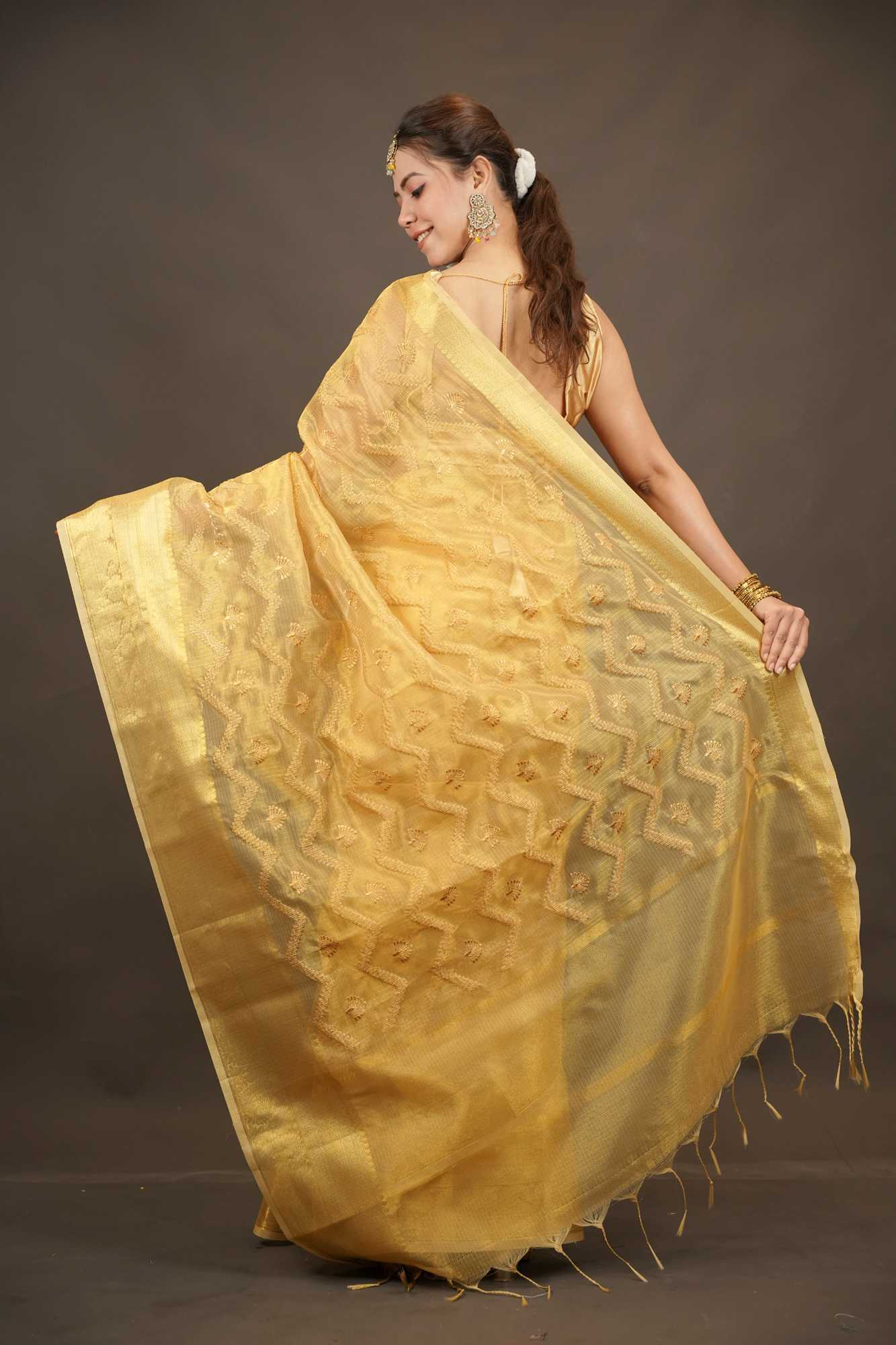 Woven Tissue Elegant Zari Work All Ove Ready To Wear Saree