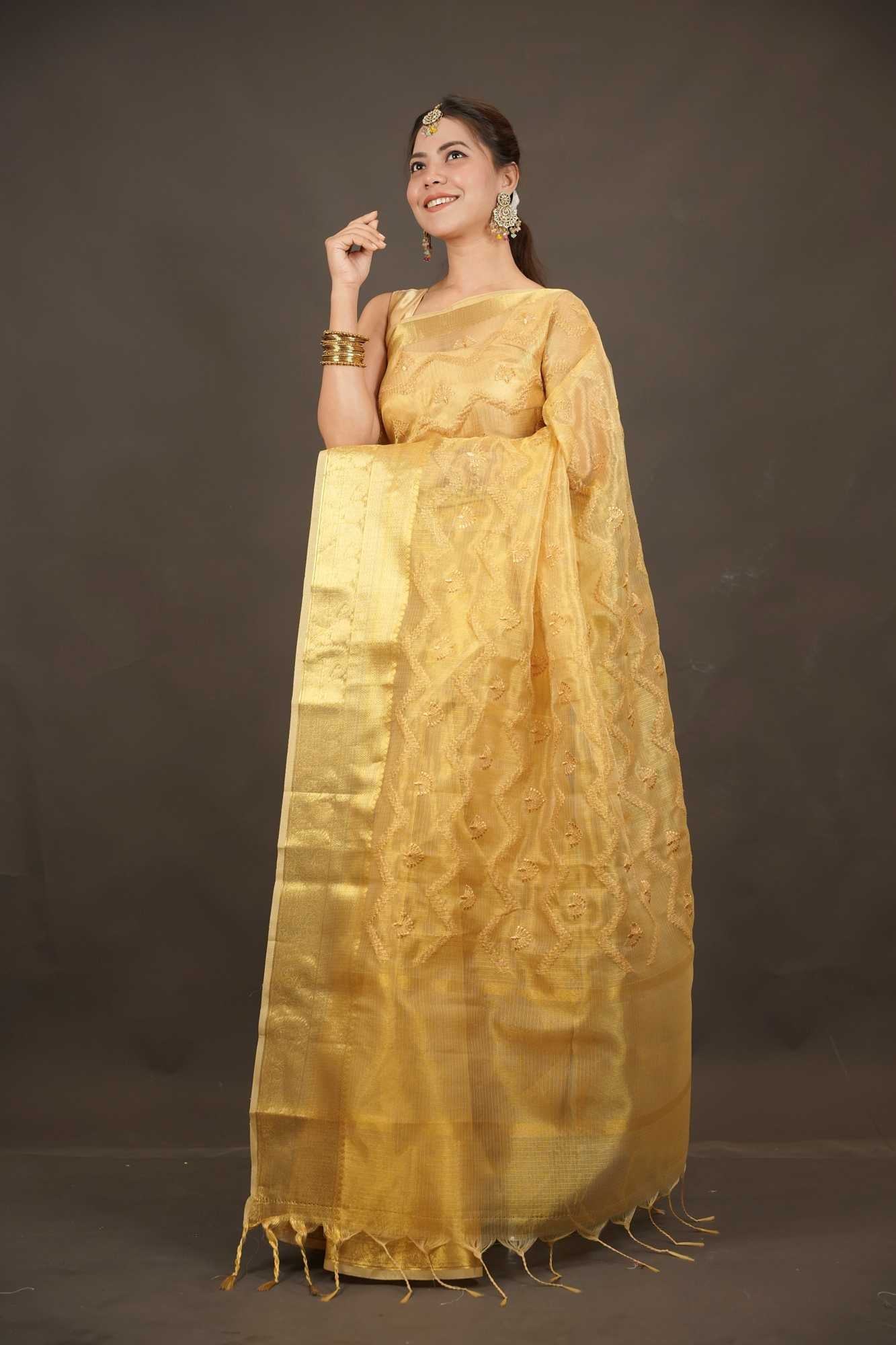 Woven Tissue Elegant Zari Work All Ove Ready To Wear Saree