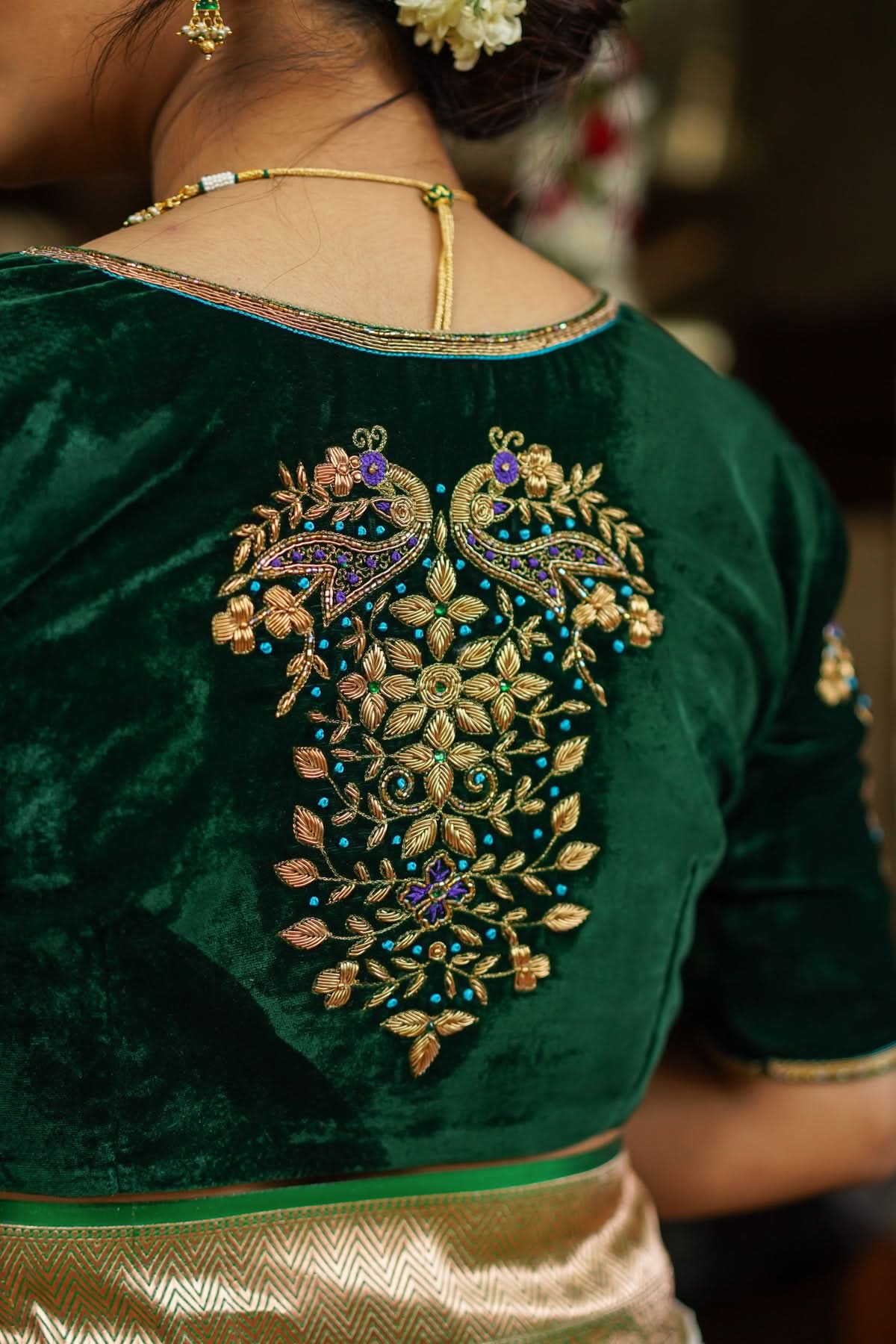 Green Velvet Blouse with Zardosi Work Mix and Match Blouse for saree, Made to Order | Shobitam