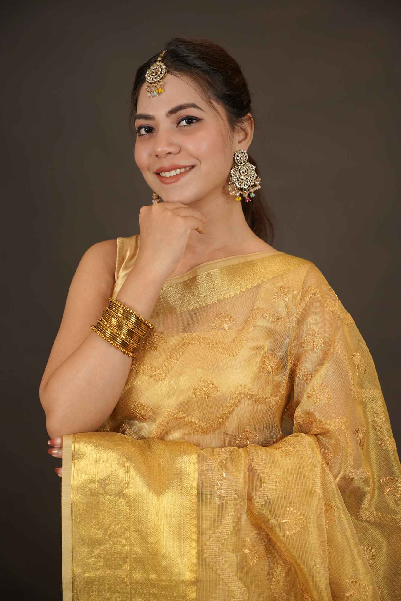 Woven Tissue Elegant Zari Work All Ove Ready To Wear Saree