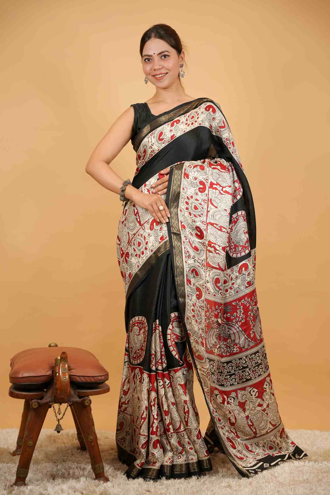 Cotton Crape Silk With Kalamkari Work Ready To Wear Saree