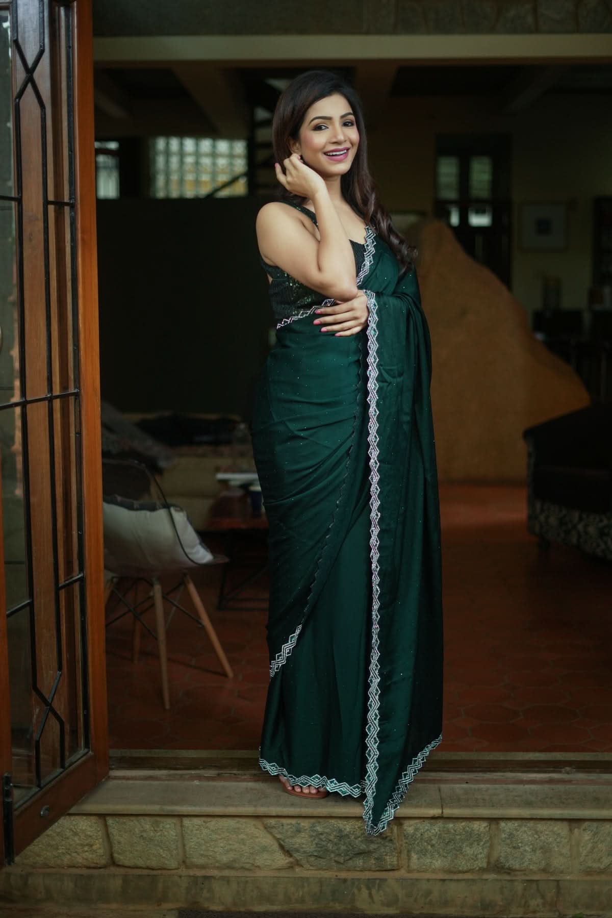 Shamoo Satin Silk saree in Bottle Green with elegant crystal work | Shobitam