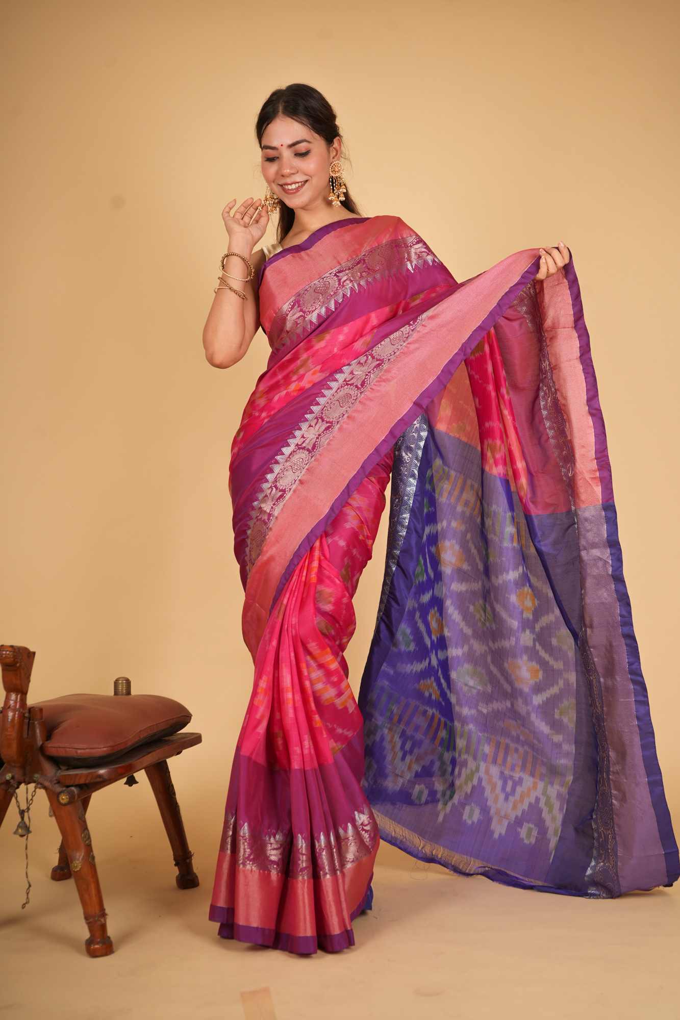 Pochampalli Inspired Silk Ikat With Contrast Pallu Ready To Wear Saree