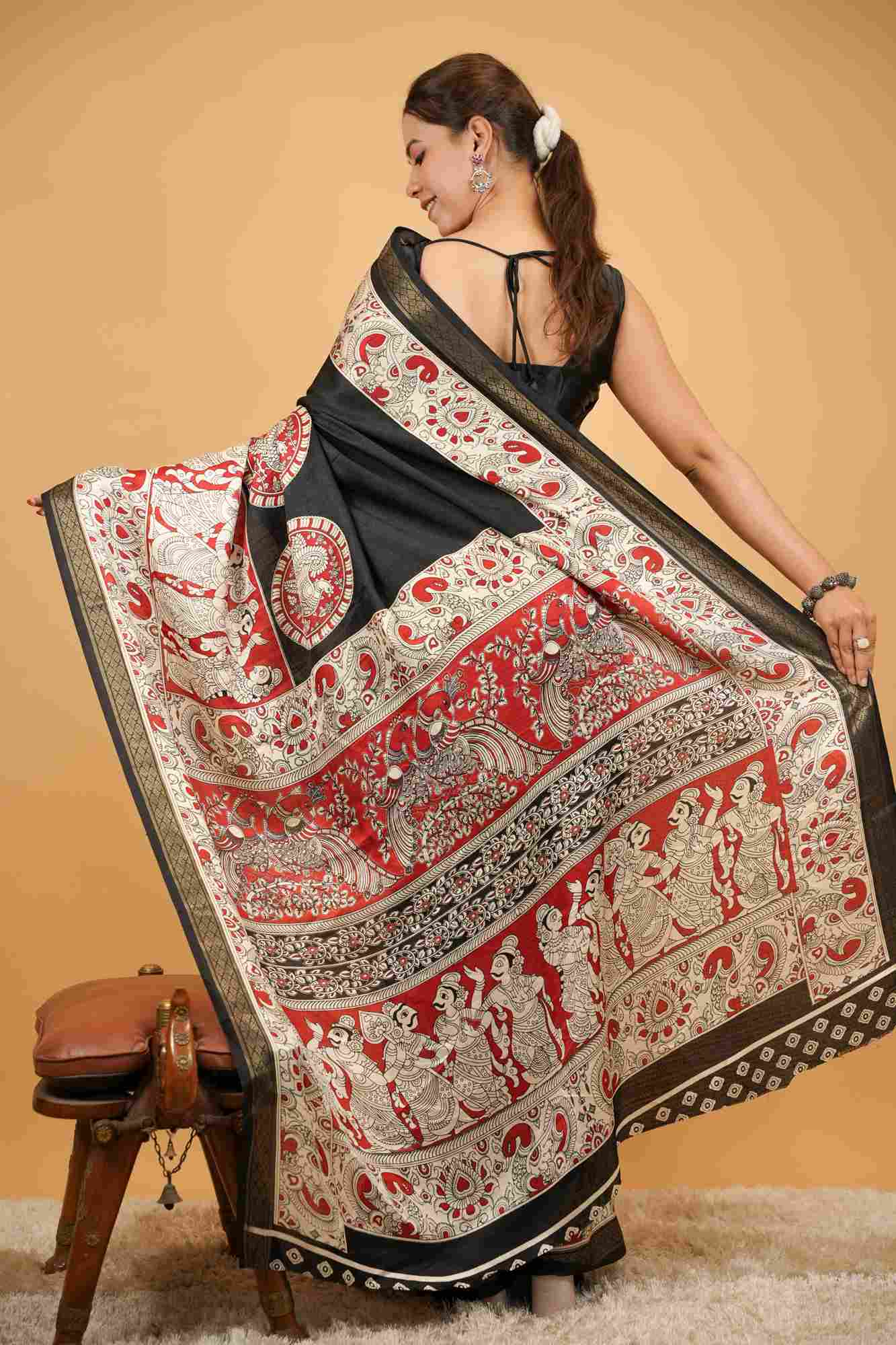 Cotton Crape Silk With Kalamkari Work Ready To Wear Saree