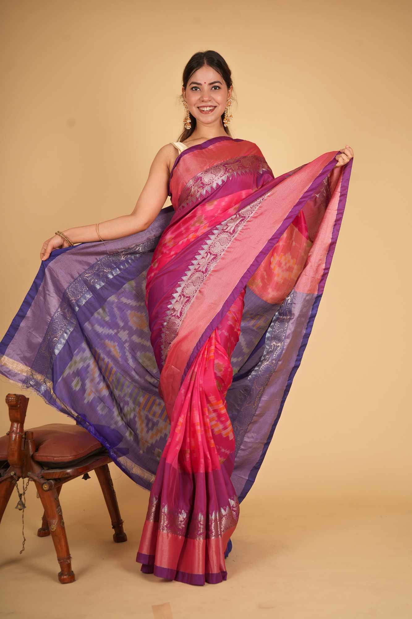 Pochampalli Inspired Silk Ikat With Contrast Pallu Ready To Wear Saree