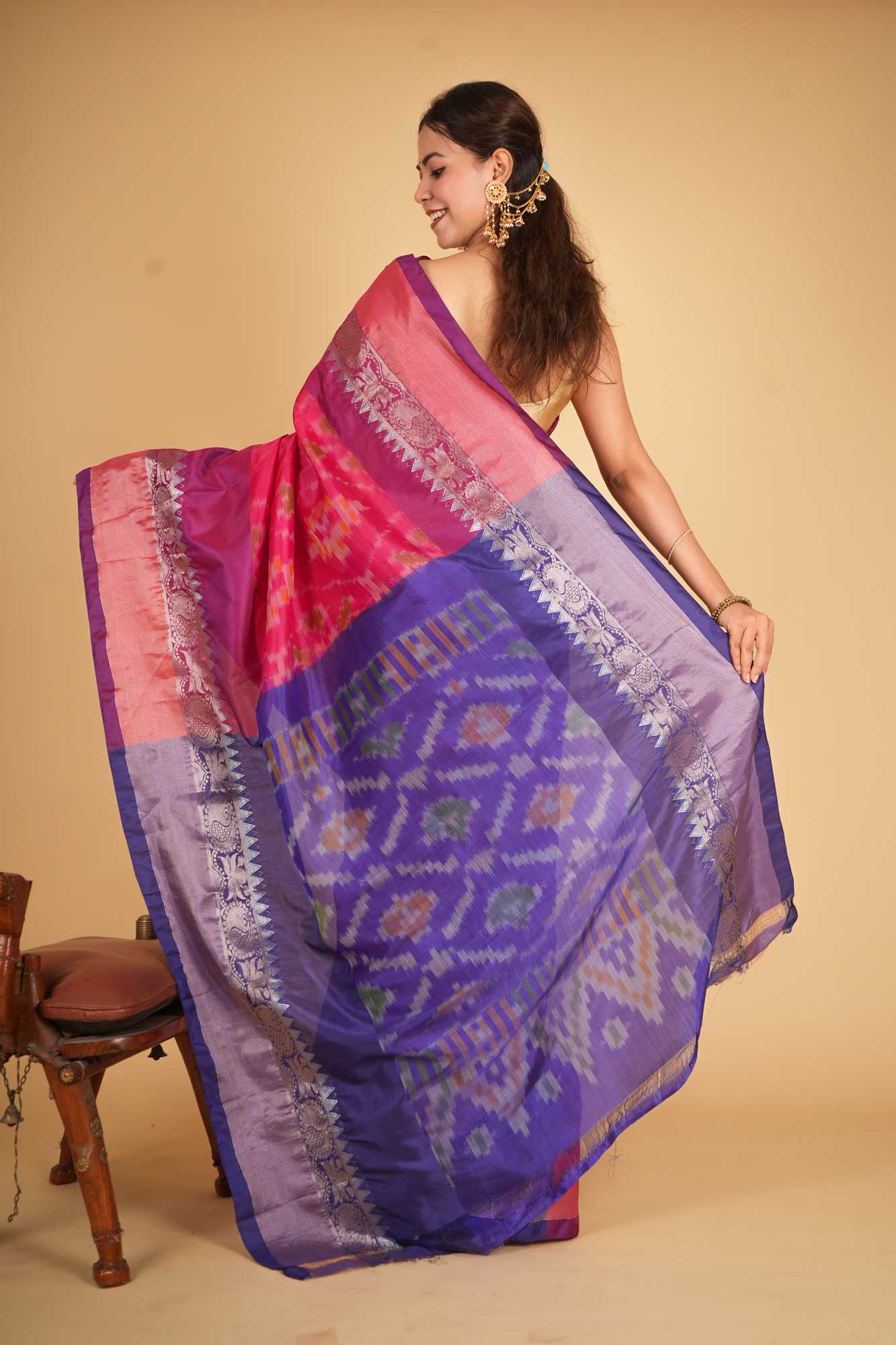 Pochampalli Inspired Silk Ikat With Contrast Pallu Ready To Wear Saree