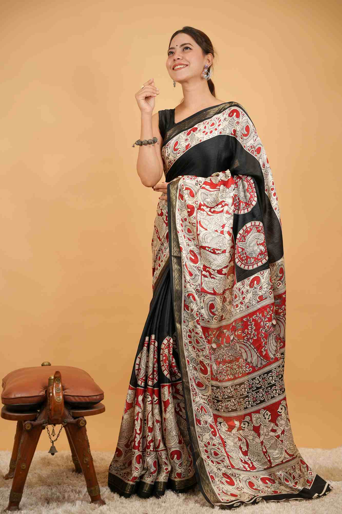Cotton Crape Silk With Kalamkari Work Ready To Wear Saree