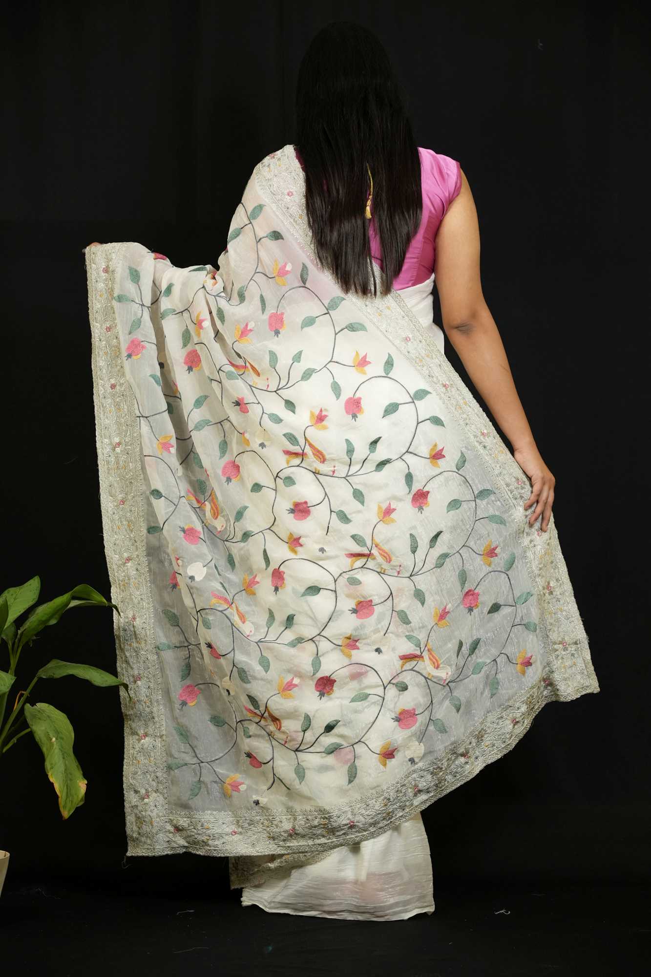 Crunchy Organza with Intricate Thread Embroidery Ready To Wear Saree