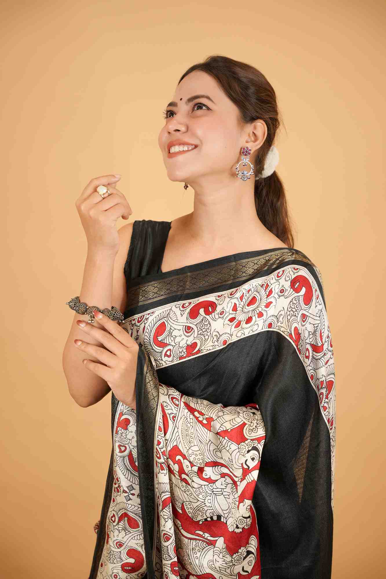 Cotton Crape Silk With Kalamkari Work Ready To Wear Saree